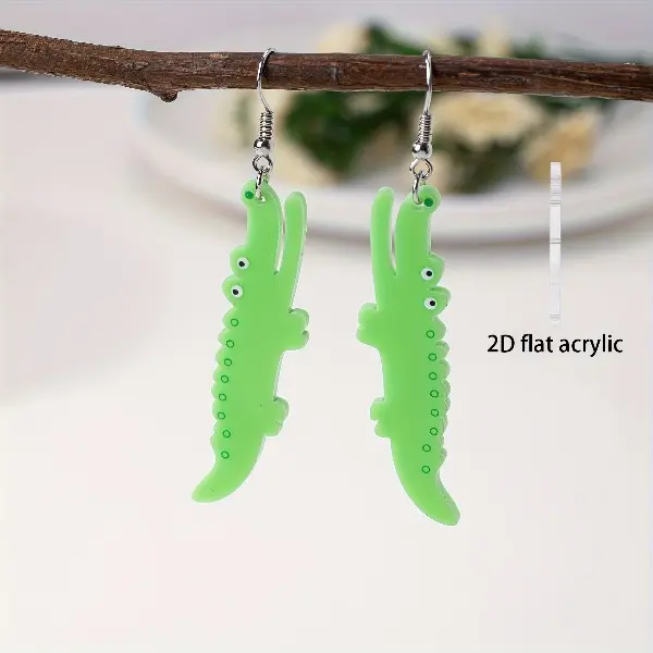2D flat acrylic pair of minimalist cartoon green crocodile design women's fashionable dripping earrings, suitable for everyday wear