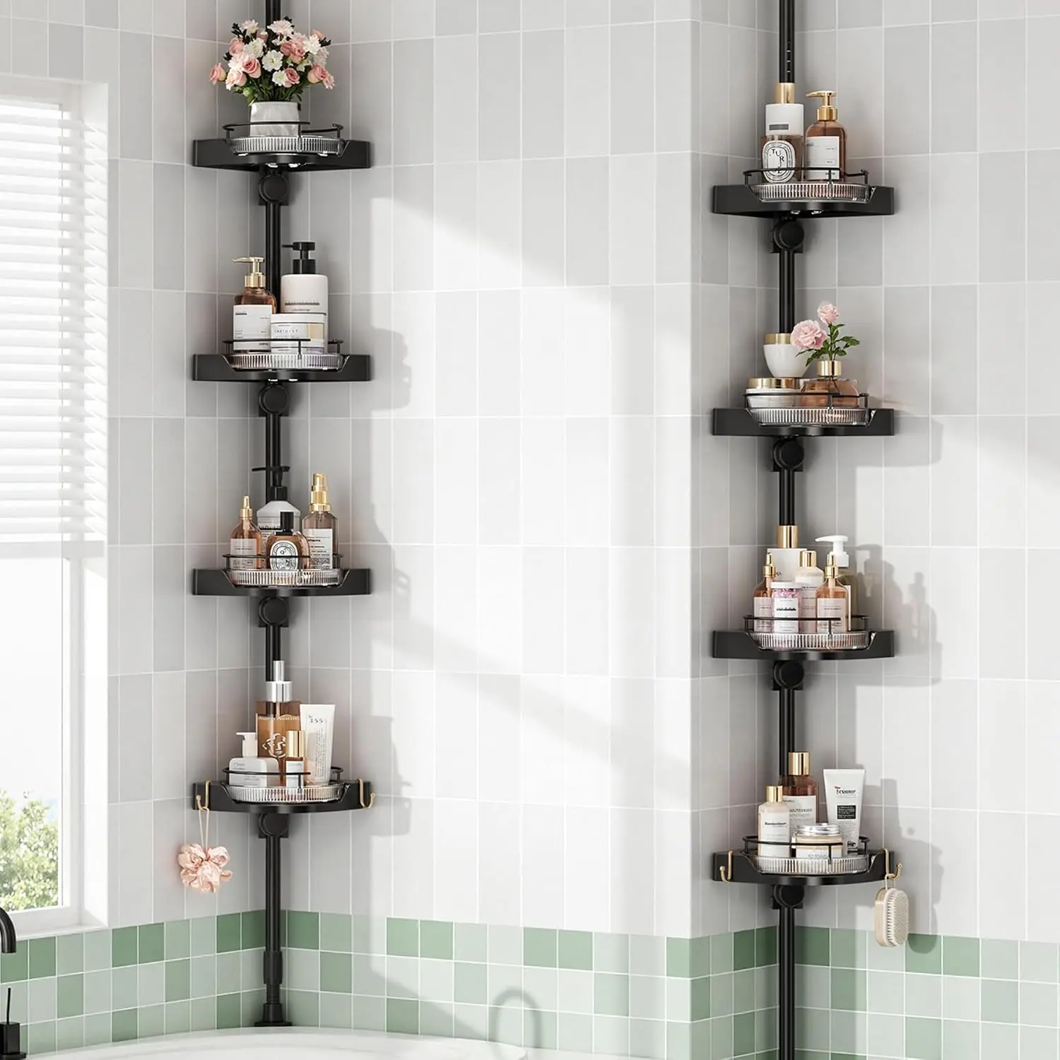 Black 360° Rotating Corner Shower Caddy - 4-Tier Height-Adjustable Rustproof Metal Tension Pole Organizer, Plastic Height-Adjustable Trays with Safety Guardrail, Maximizes Bathtub Corner Space, Protects Bottles from Falling, Quick & Easy Installation, Hei