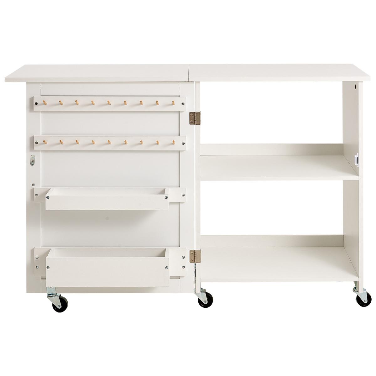 Folding Sewing Table with Lockable Wheels Storage Shelves Trays Door White