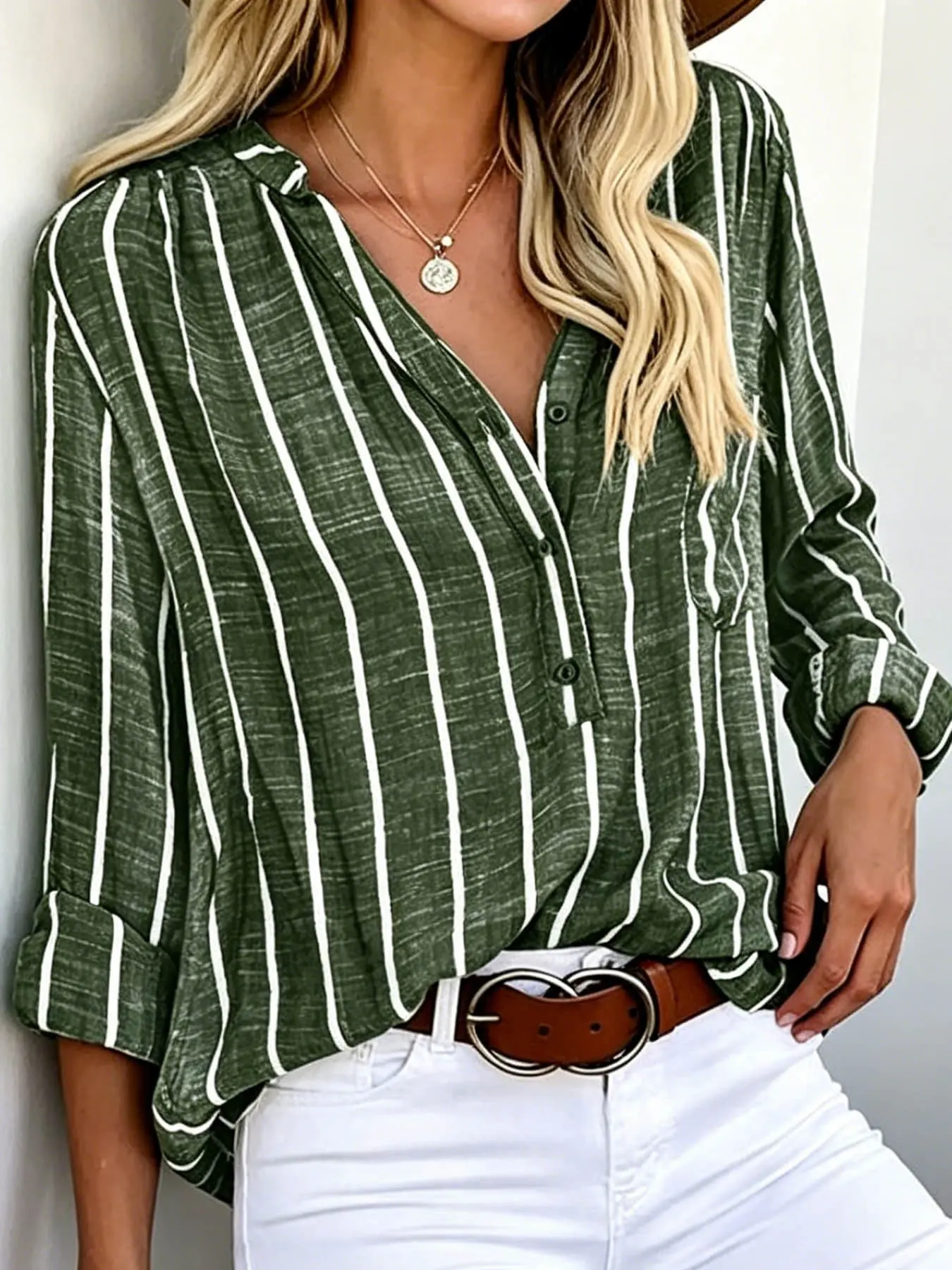 A vintage, Striped long-sleeved shirt for women, Blouse, Top, featuring a relaxed and loose fit that conceals the body. Versatile for summer wear, perfect for coffee shop tea breaks, seaside vacations, outdoor camping picnics, Casual Summer Tops