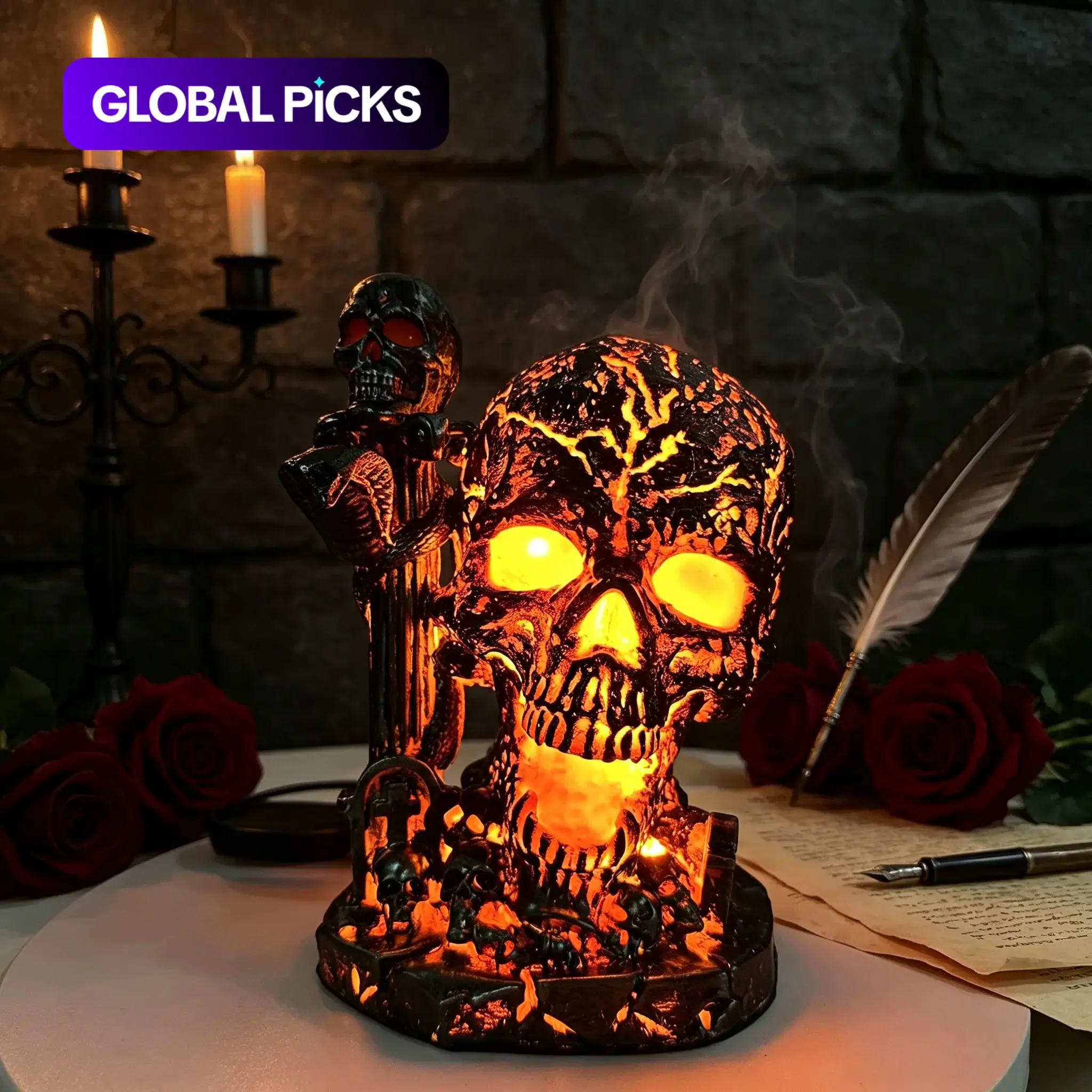 Skull Flame Table Lamp, Molten Rock Skull Light, Horror LED Desk Lamp, Halloween Gothic Decor, Unique Room Accent, Mystical Atmosphere, Home Decoration, Decorative Lighting