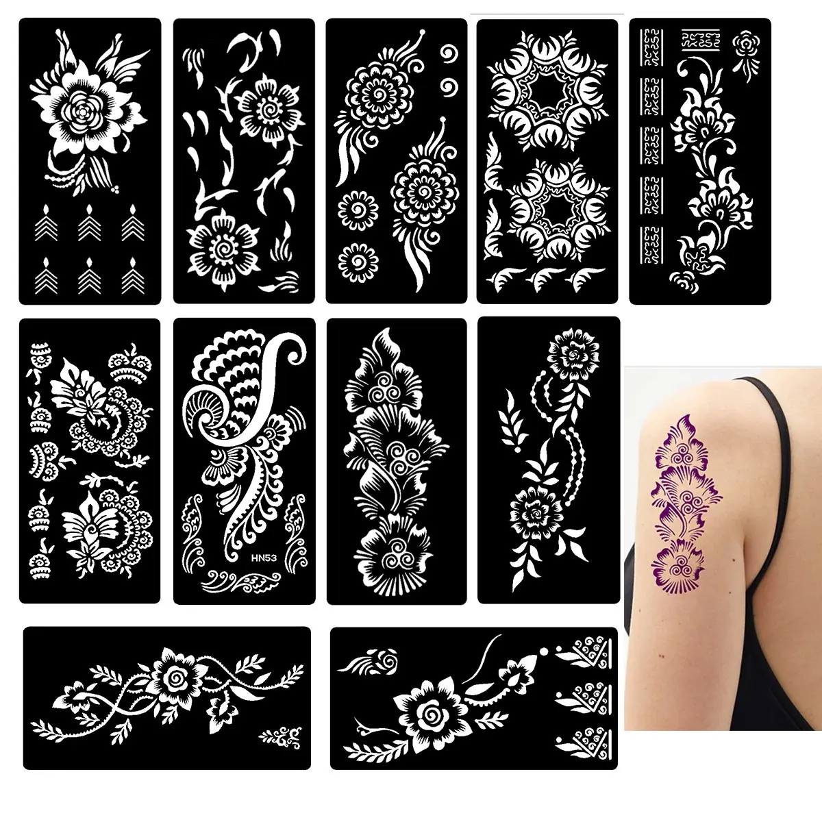 11 Sheets 7.05*3.5 Inch Floral Cutout Stencil Templates, DIY Body Painting Stickers for Arms, Shoulders, Hands, Waist, Party, Festival Makeup Decoration