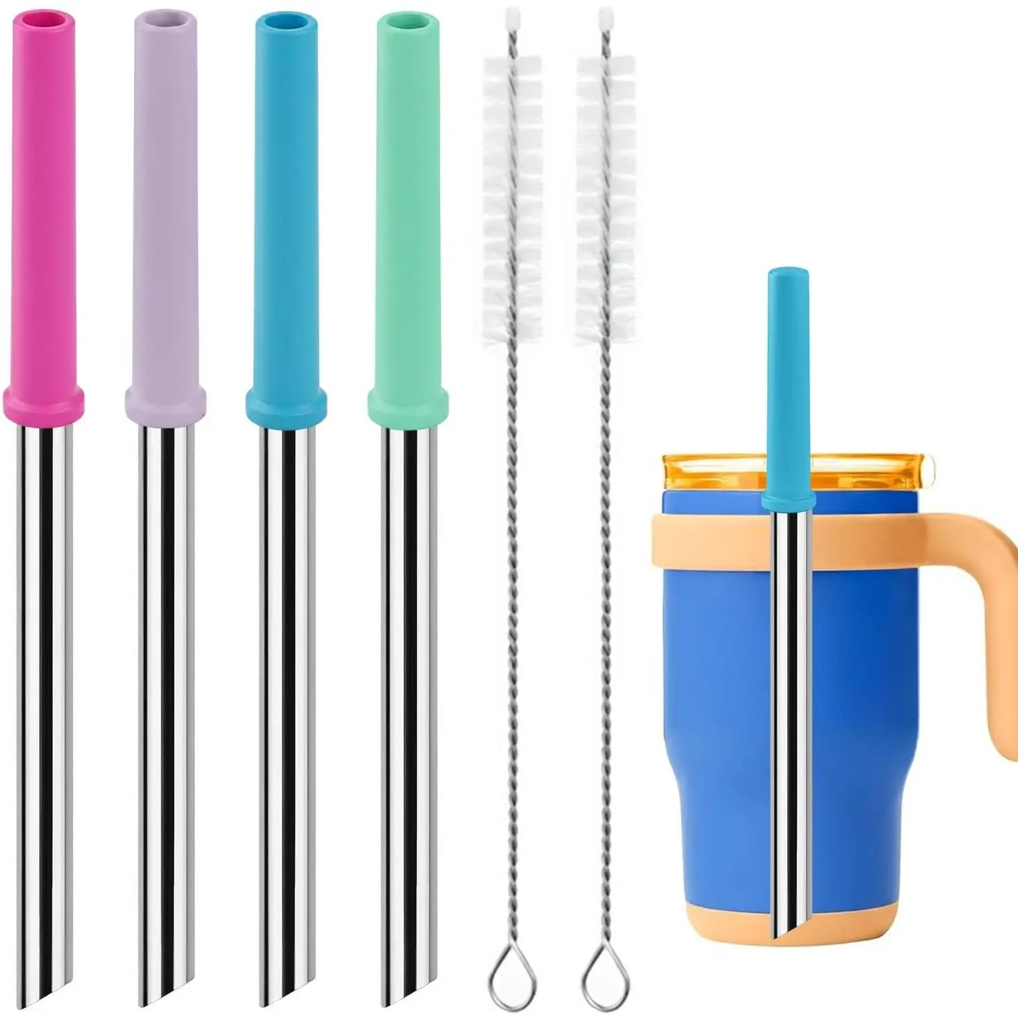 Metal Straws  Compatible with  14 Oz Coldee  Tumbler | 4  Stainless Steel Straws, 2 Cleaning Brushes, 4 Spill-Proof   Accessories, for  Tumblers