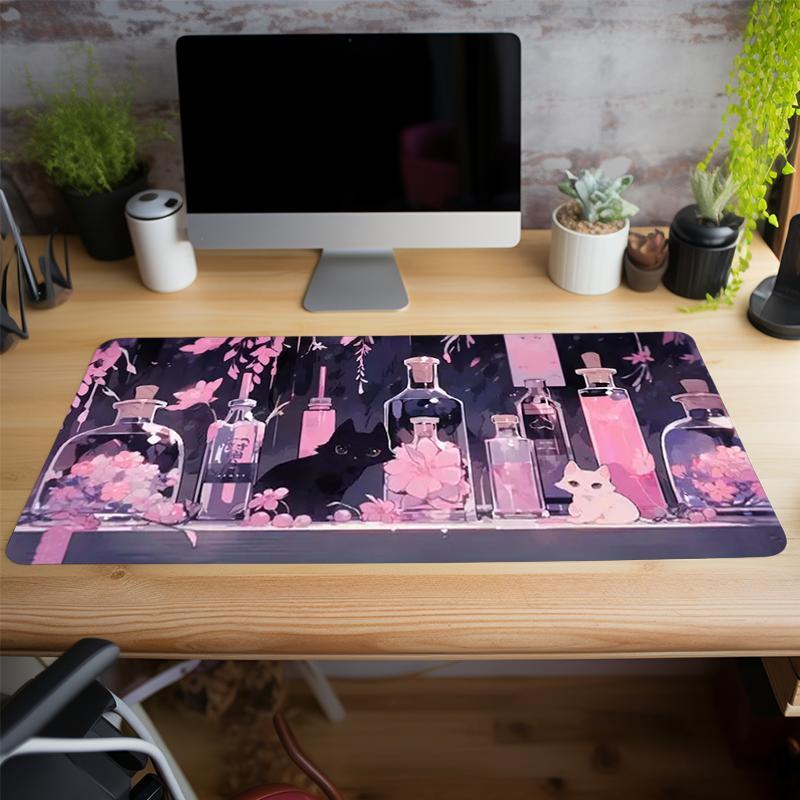 Creative Flower & Cat Pattern Design Whimsy Mouse Pad, Large Gaming Mouse Pad, Non-slip Computer Keyboard Pad for Home Office