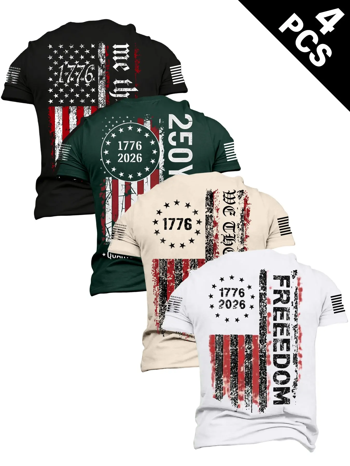 Men's Summer Casual Streetwear American Flag T-Shirt Set, 4-Pack, Vintage Print, Round Neck, Soft and Versatile, Ideal for Outdoor Activities