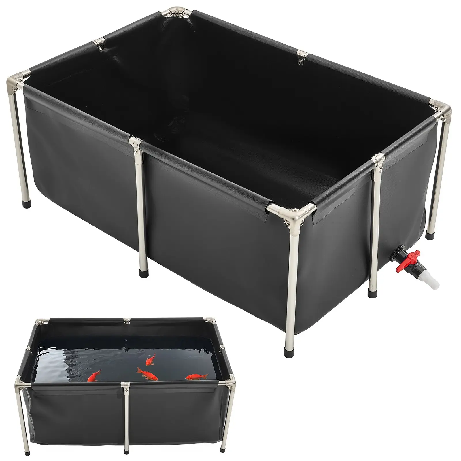 Canvas Fish Pond, 126.8 Gal Above Ground Fish Pond, Foldable PVC Koi Tank, Rectangular Goldfish Tank with Stable Frame and Drain Valve, for Aquaculture, Koi Breeding, and Irrigation (Black)