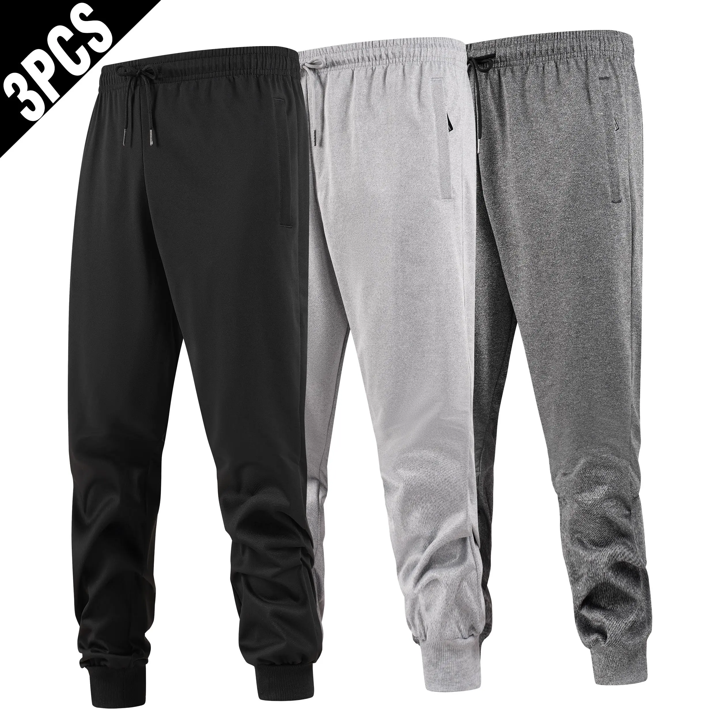 Men's 3-Pack Tapered Joggers, Soft Athletic Sweatpants with Zipper Pockets and Drawstring for Workout & Casual Wear, Soft Joggers, Sports Jogger Pants loose fit sport pant bottom male clothes com frt clothing mens Lightweight Elastic men solid color