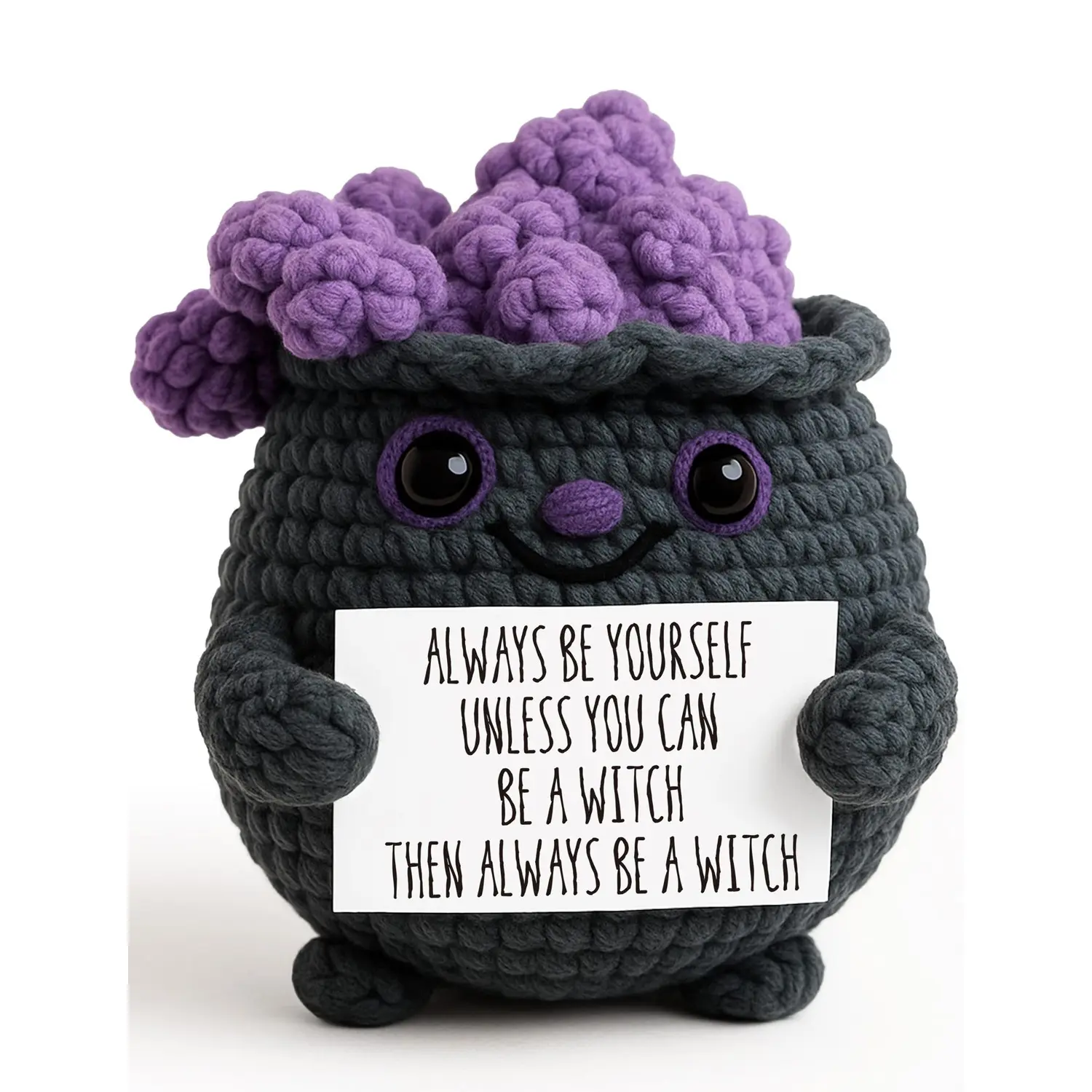 Unisex Soft Stuffed Handmade Knit Plush Witch-Themed Keychain - Mini Purple Bubble Design, Witch Cauldron Shape Halloween Decor with Quote Card, Gift for Halloween Enthusiasts, Witch-Themed Keychains