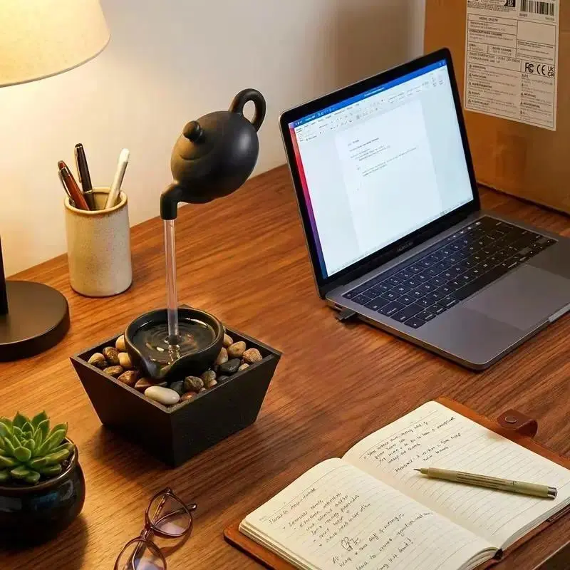 Zen-Inspired Floating Teapot Resin Lamps - Black Relaxation Statue with Pebble Base, LED Light, Endless Water Flow, for Home Decor, Meditation, Gifting