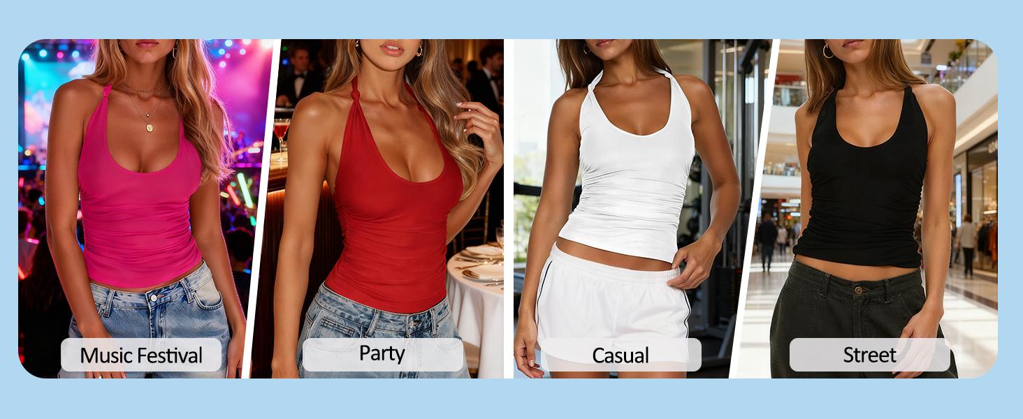 Yousify Halter Tops for Women Sexy Deep Scoop Neck Tank Top Y2k Going Out Fitted Backless Sleeveless Summer Tops