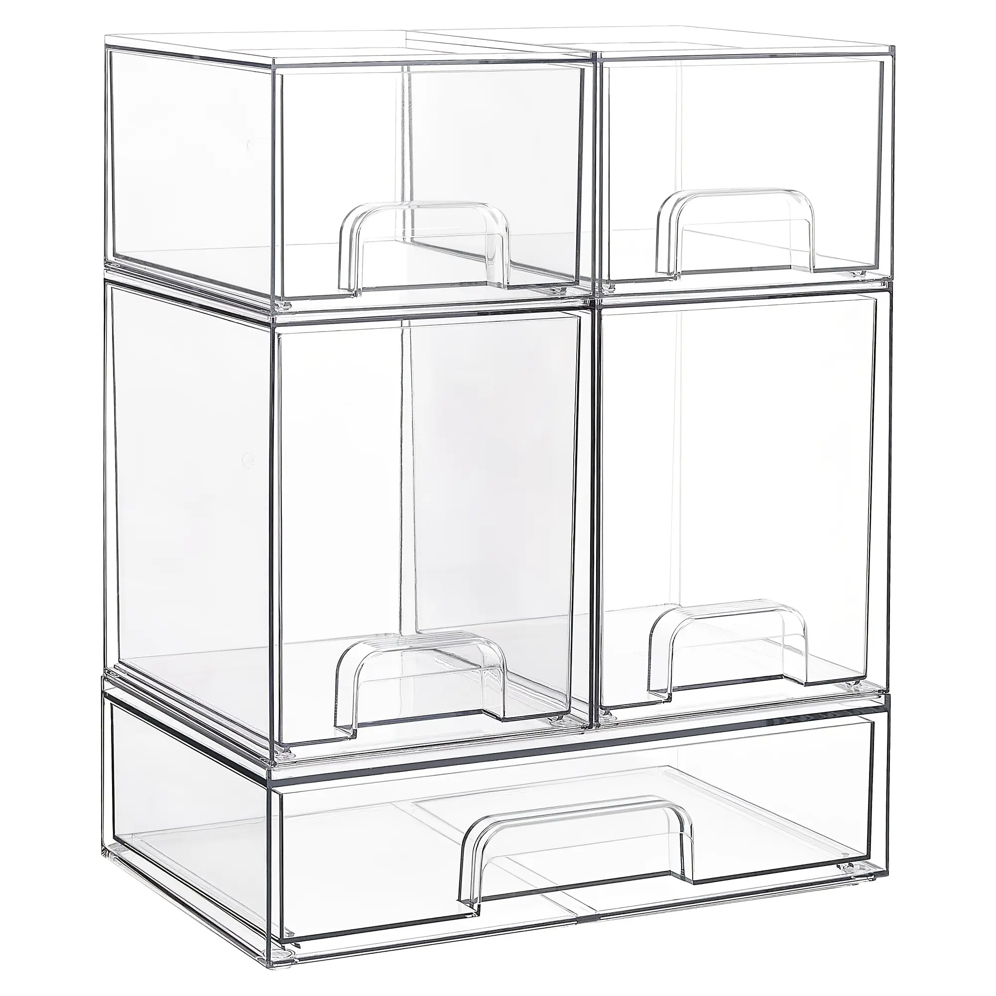 Transparent stackable storage drawer 5-piece plastic storage box, suitable for organizing bottles, beauty supplies, kitchen countertops, dressing tables, bathrooms, cabinets, and storage rooms