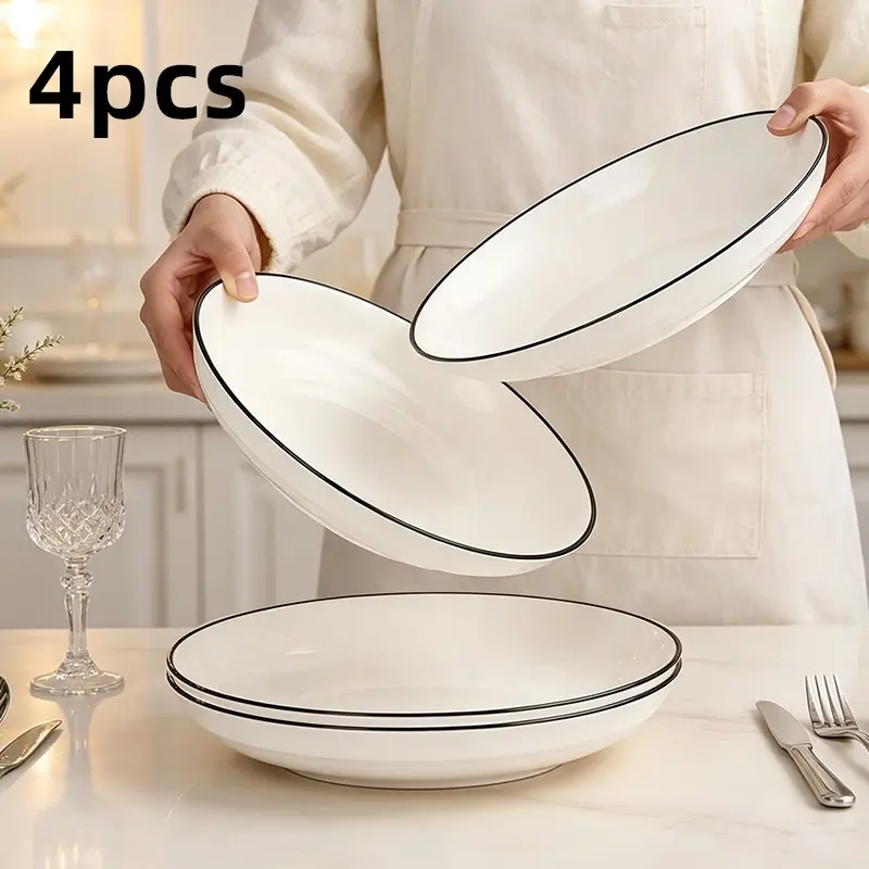 Bone China Deep Dinner Plates Set of 4, Minimal Thin Rim, Glossy Glaze, Microwave Dishwasher Safe, Ideal for Pasta & Salad