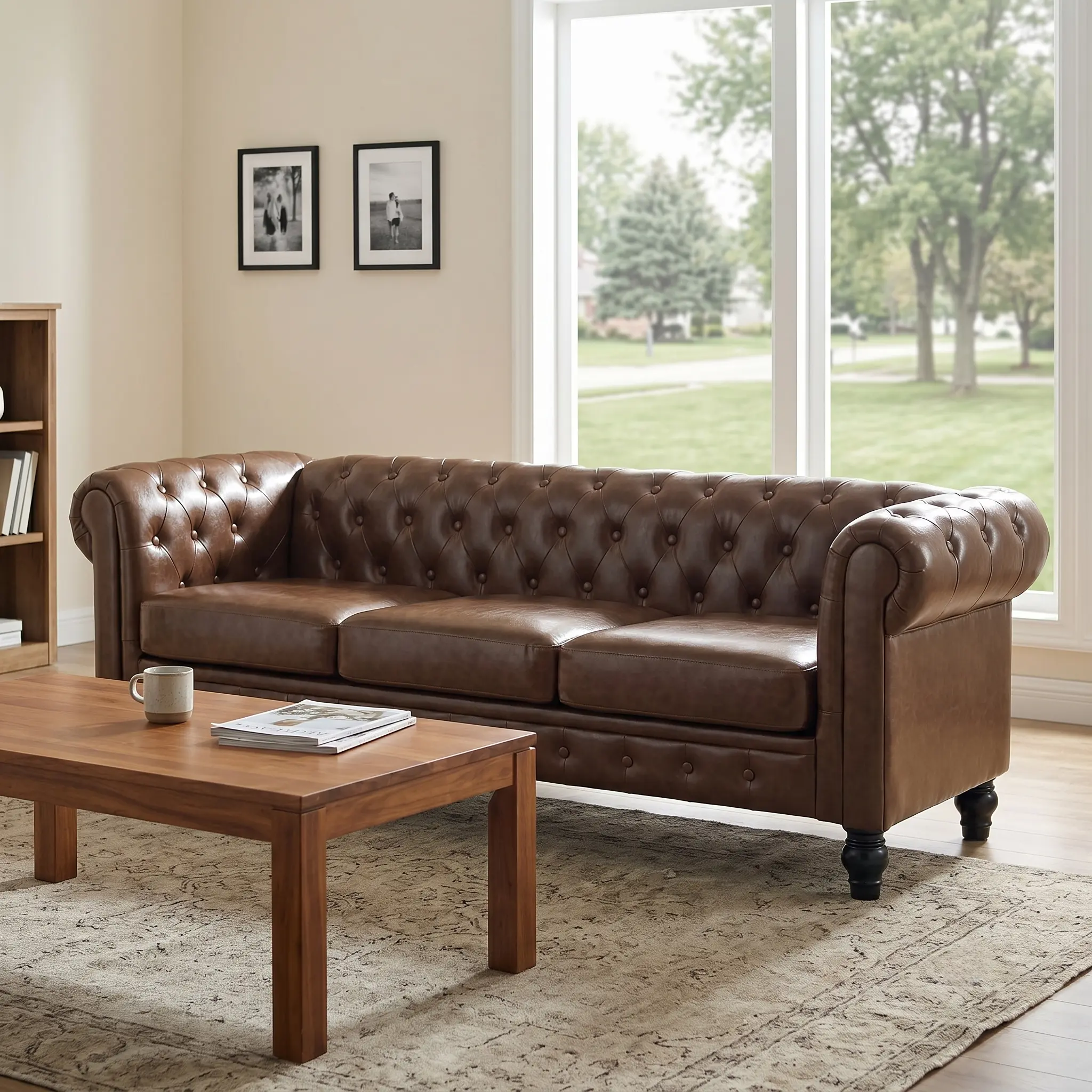 ARCH 3-Seat Traditional PU Leather Sofa Couch for Living Room - Tufted (Pleated) Back, Rolled Arms, Wood Frame, Soft High-Resiliency Sponge Cotton Seat Cushions, 140.14 lb, 69.29l x25.59w x17.72h in, Easy Assembly, Tufted Back