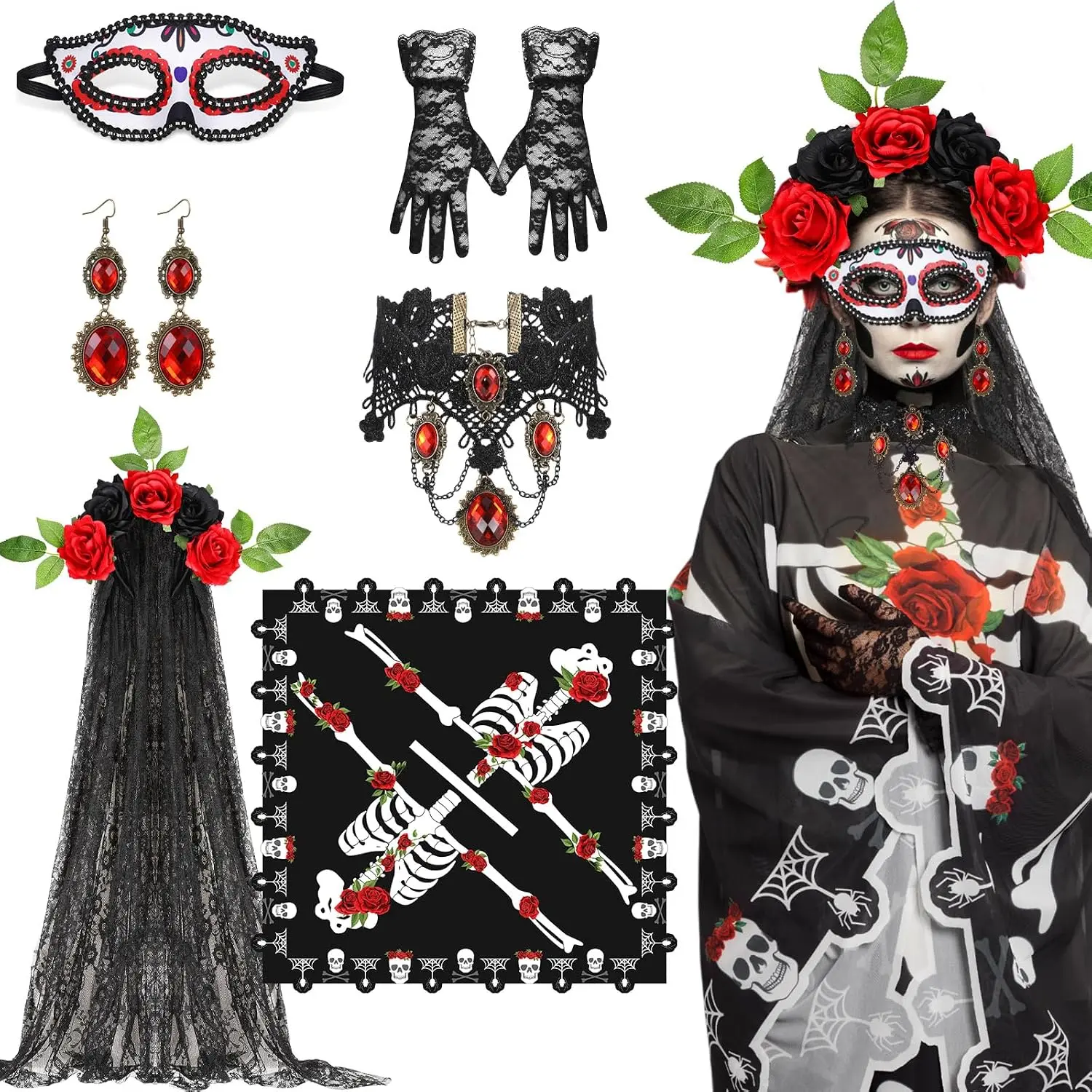 6 count Day of The  Costume for Women Halloween Skeleton Cape Rose Headband Masquerade Eye Mask Vampire