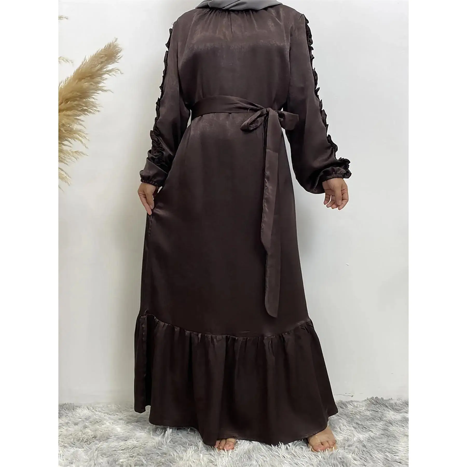 Women's Frill Trim Ruffle Hem Belted Kaftan Dress, Modest Casual Bishop Sleeve Maxi Dress for Daily Wear, Islamic Clothing for Summer, Modest Style Dress