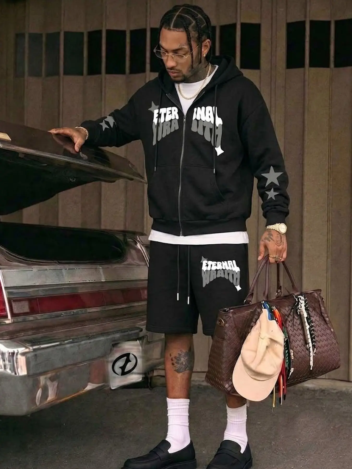 Unisex Hooded Fleece Sweatshirt and Shorts Set, Star Ghost Print, Casual Comfortable, Outdoor, Party, Camping, All Seasons