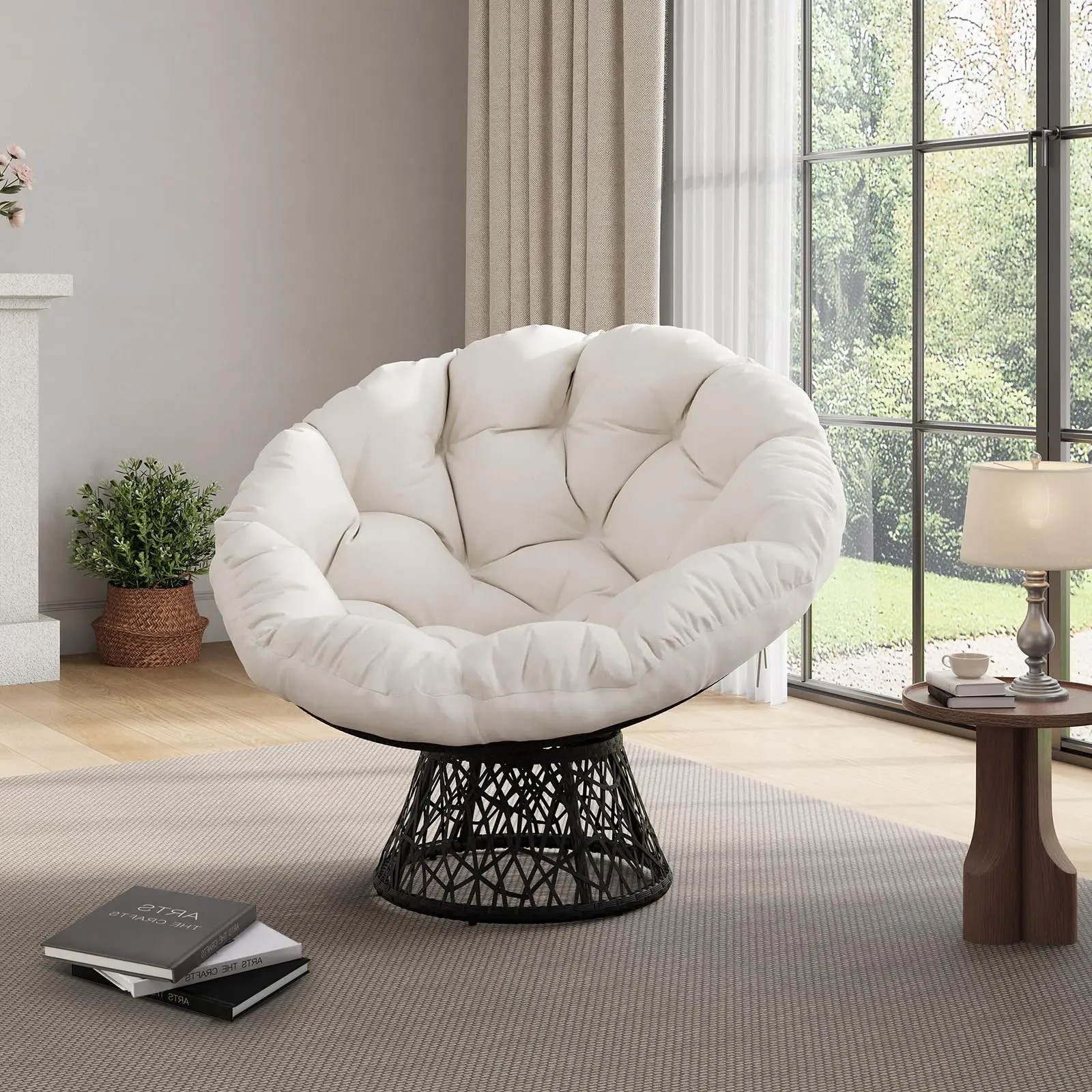 360° swivelling rattan Papasan lounge chair, 40-inch XL Moon Chair for the living room/bedroom/reading corner, heavy-duty steel frame, extra-thick soft fabric cushion