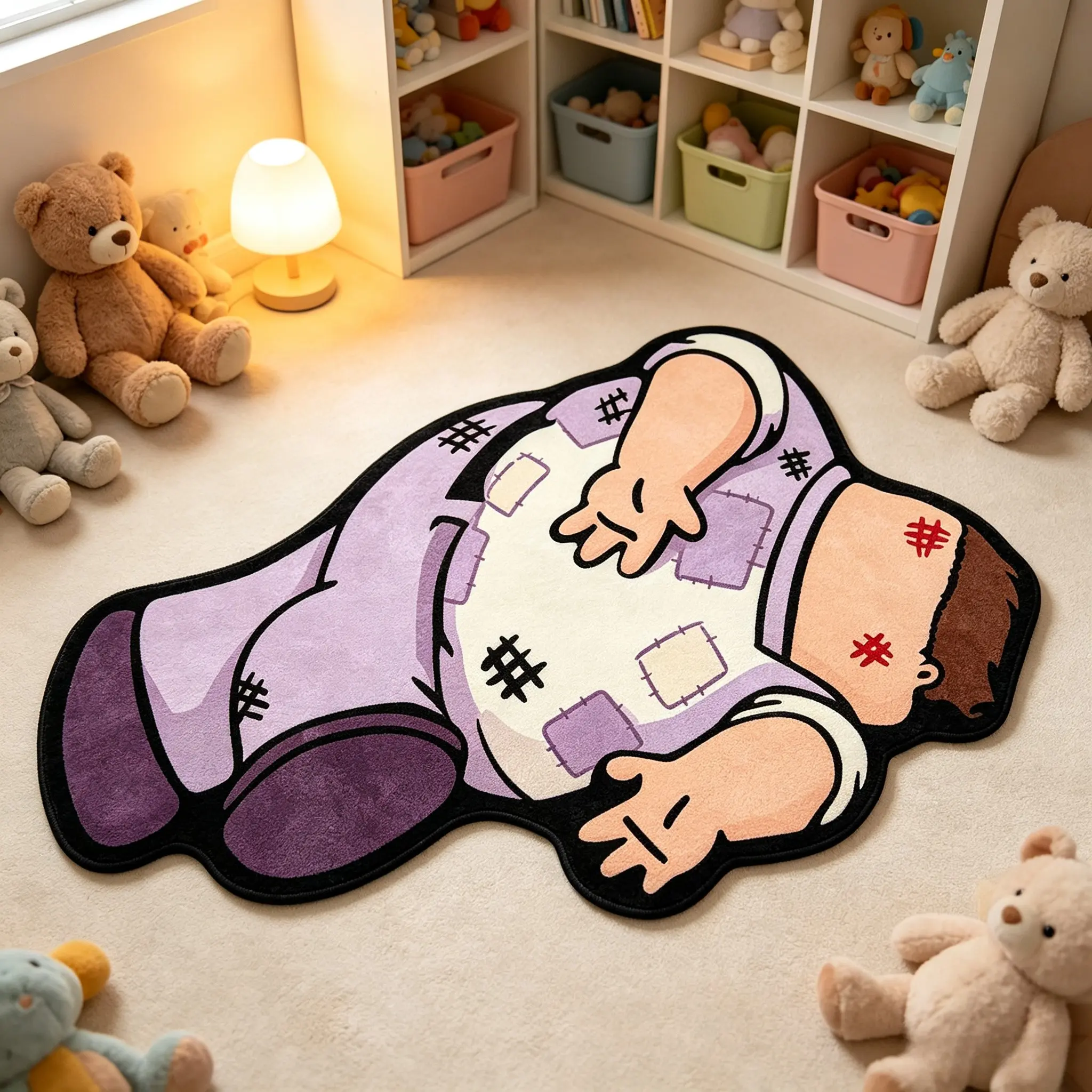 Vintage Patchwork Rug, Cartoon Character Print, Retro Style, Hand Wash Only, Indoor Carpet for Living Room, Bedroom, Study
