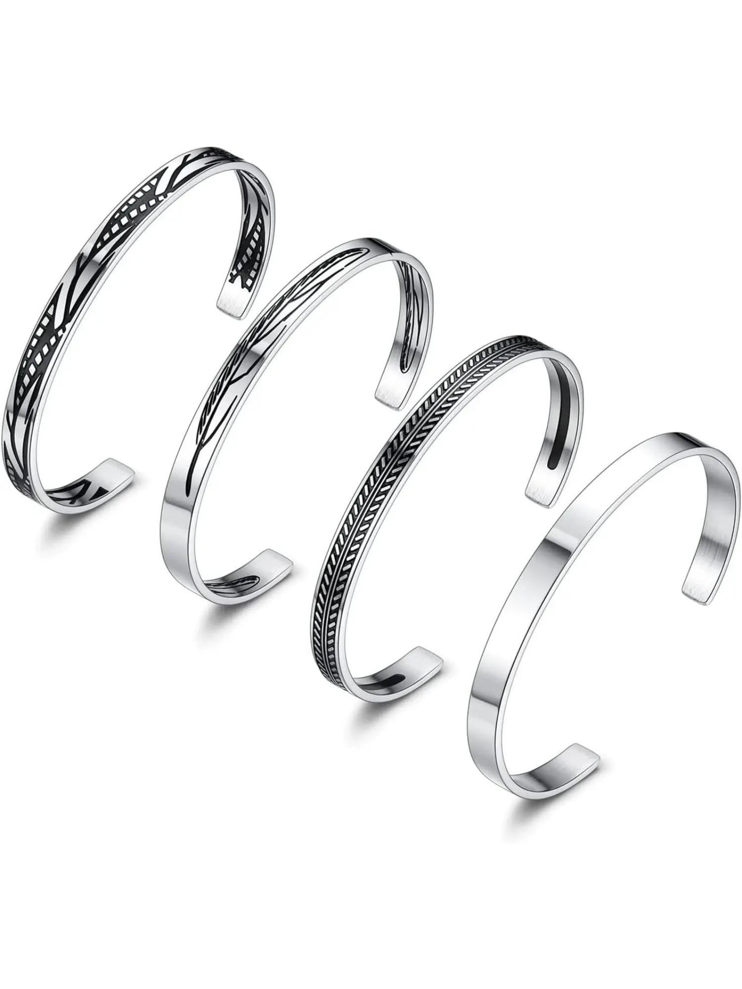 4Pcs Mens Stainless Steel Open Cuff Fashion Bracelet Bundle, Silver Tone Twisted Design & Leaf Pattern Dainty Vintage Boho Stackable Bangle Jewelry For Women Men