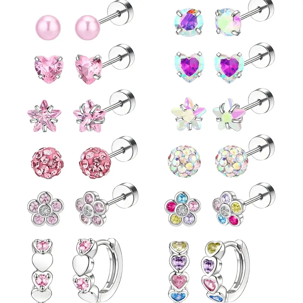 Flat Back Earrings Set - 10/12 Pairs Hypoallergenic 20g (0.8mm) 10mm Inner Diameter Stainless Steel Screw Back Studs with Comfortable Fit, Cubic Zirconia Butterfly Design, Daily Jewelry for Youth Women, Christenings Gift (Choking Hazard Small Parts)