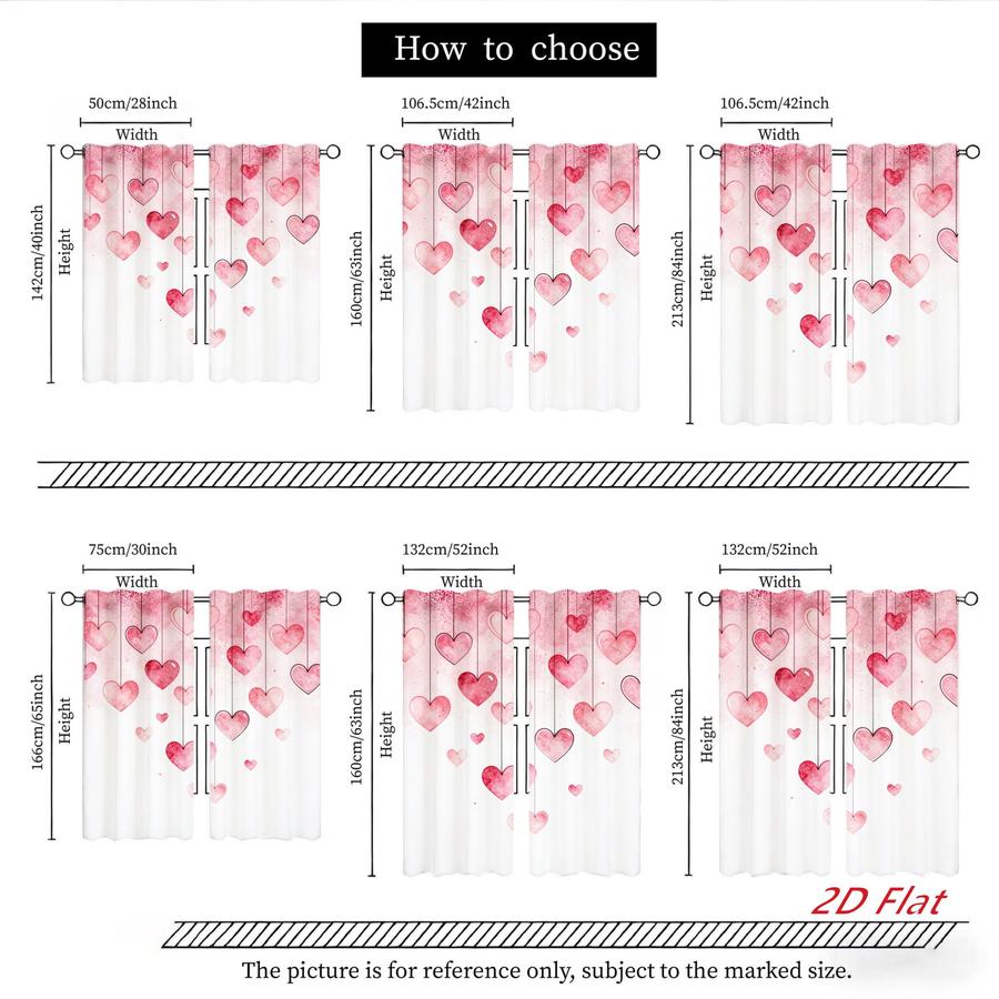 2Pcs Romantic Pink Heart Pattern Sun Blocking Curtains Digital Printed Rod Pocket, Window Treatment For Bedroom Office Kitchen Living Room Study Home Decor