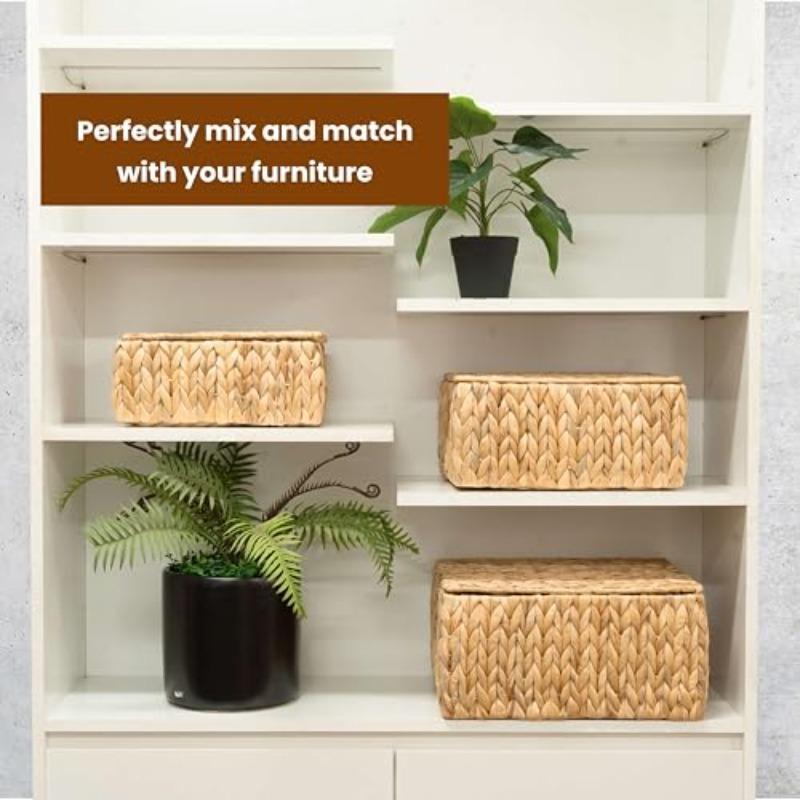 Wicker Storage Baskets with Lid Set 3 Basket With Lid Decorative Storage Rectangle Wicker Storage Basket Large Rattan Storage Box Hyacinth Baskets