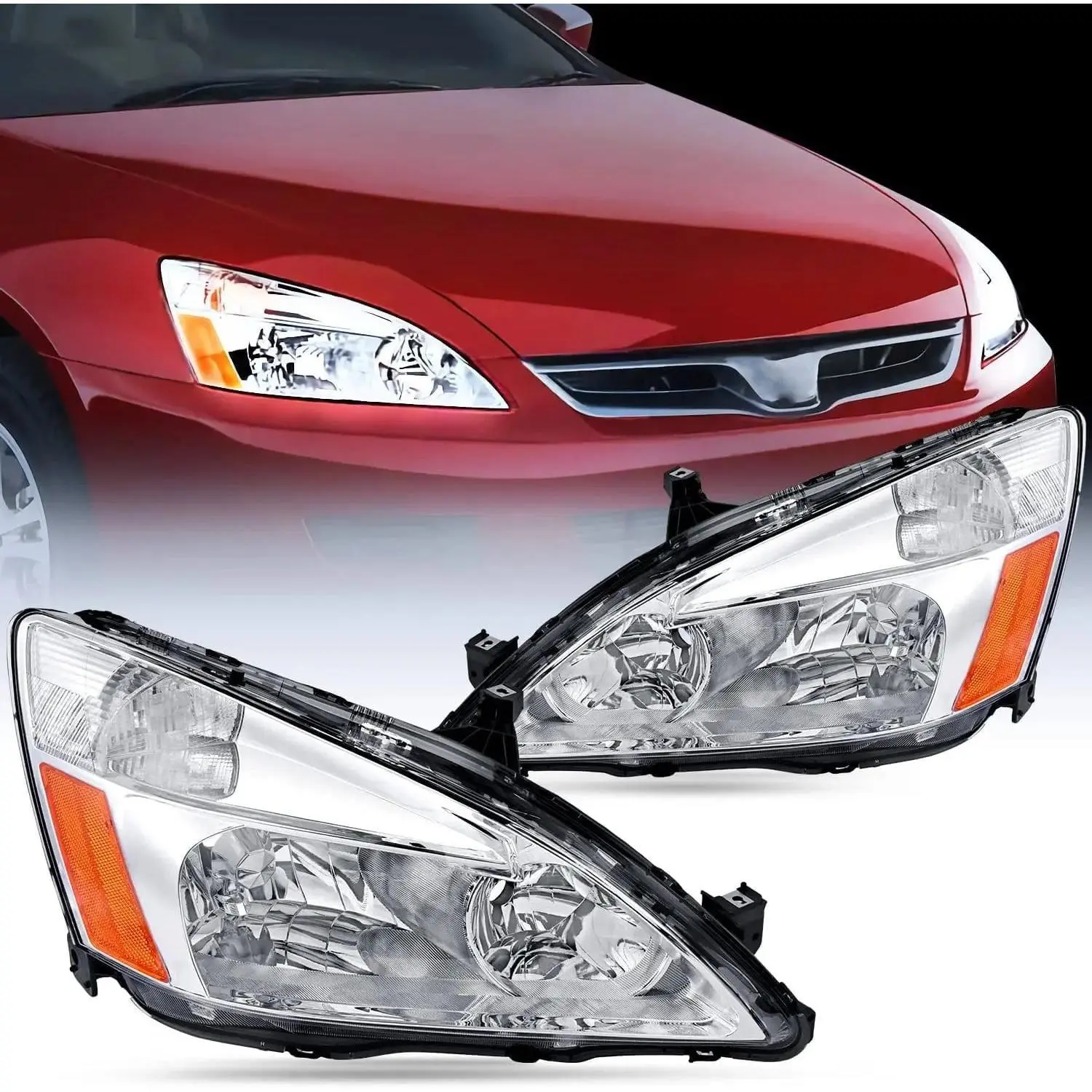 Nilight Front Headlight Assembly for 2003-2007 Honda Accord Sedan - Chrome Case, Amber Reflector, IP65 Rated, Anti-Fog Seal, Waterproof, Corrosion Resistant, DOT Compliant, 15 Mins Installation, Plug-N-Play, OE Standard, Front Side Marker, Fathersday Gift