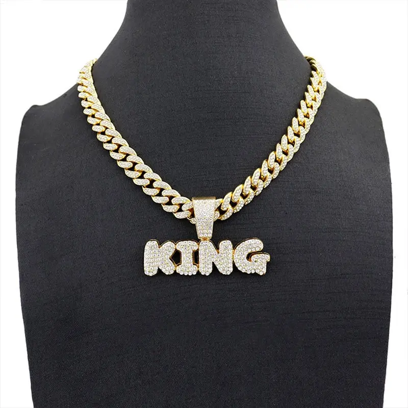 18k Gold-Plated Hip-Hop Moissanite Cuban Chain Pendant Necklace for Men, Custom Letter Design, King-Style Fashion Jewelry
