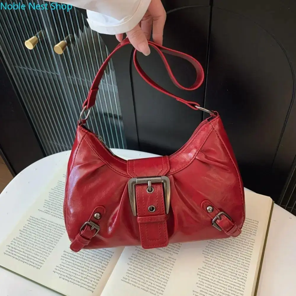 Vintage Distressed PU Leather Hobo Shoulder Bag for Women, Buckle Decor Y2K Underarm Crossbody Multi Pocket Commute Handbag Daily Use