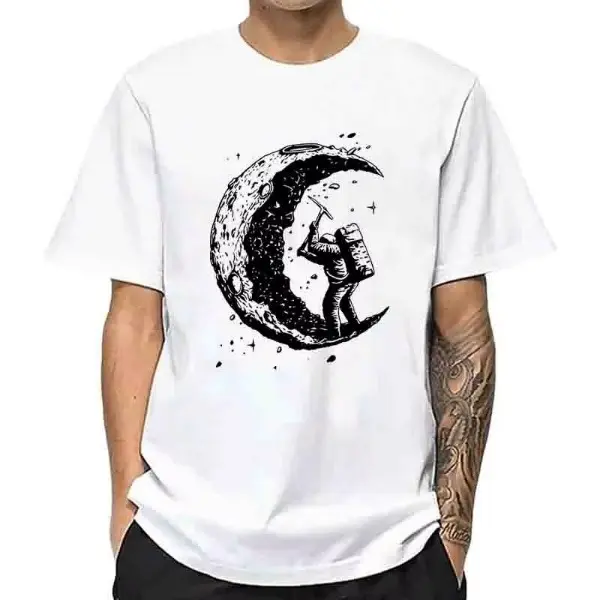Unisex Pure Cotton Short-Sleeve Streetwear T-Shirt - Round Neck Casual Sports Outerwear with Single-Side Sketch-Style White Astronaut-on-Moon Space Graphic for Sci-Fi Fans