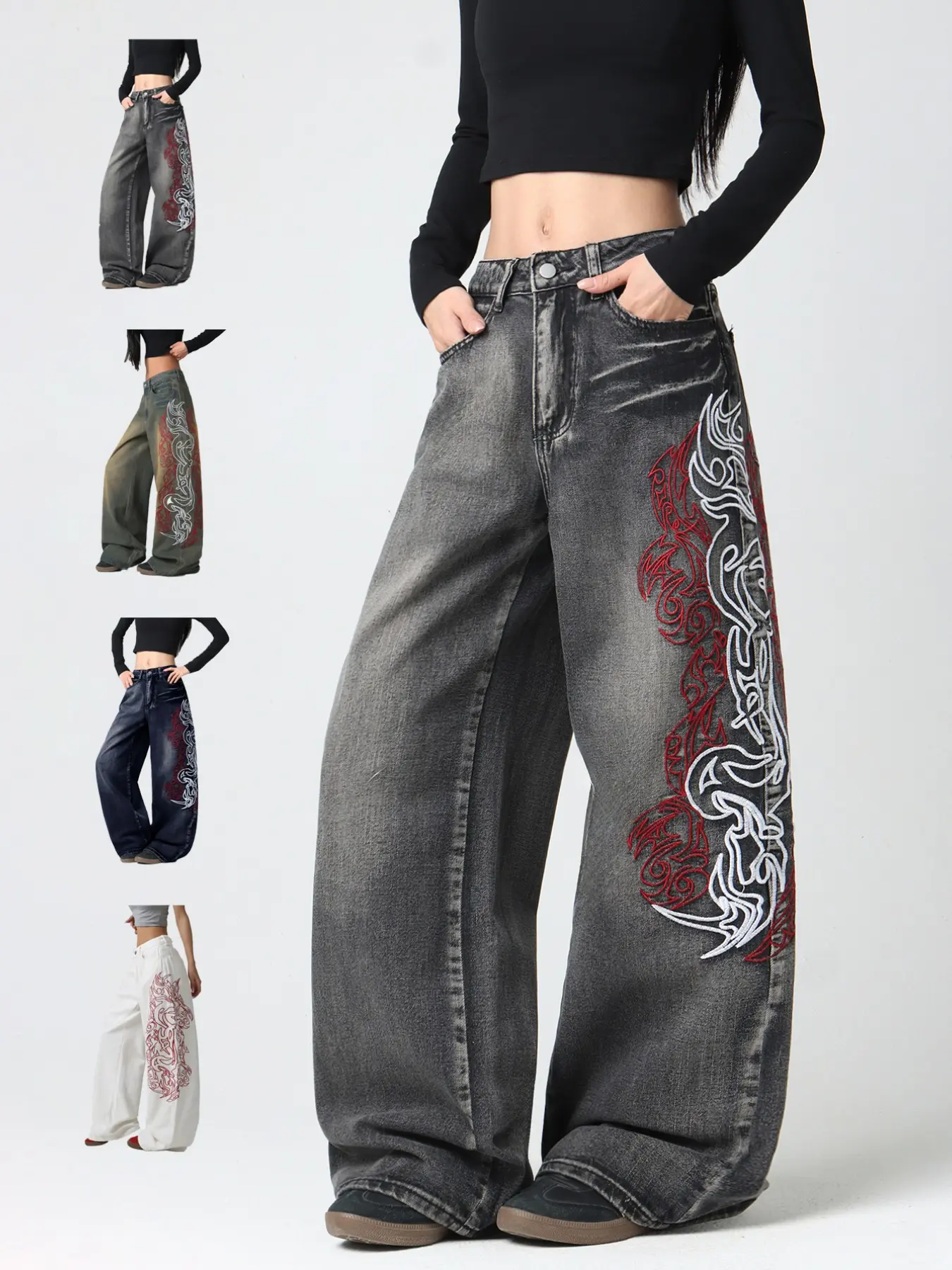 Women's Totem Embroidered Jeans, American Street Style, Comfortable Loose Fit, Trendy Wide Leg Pants, Fashionable All-Season, Casual Comfy Denim, Embroidered Denim Pants, Denim Clothing