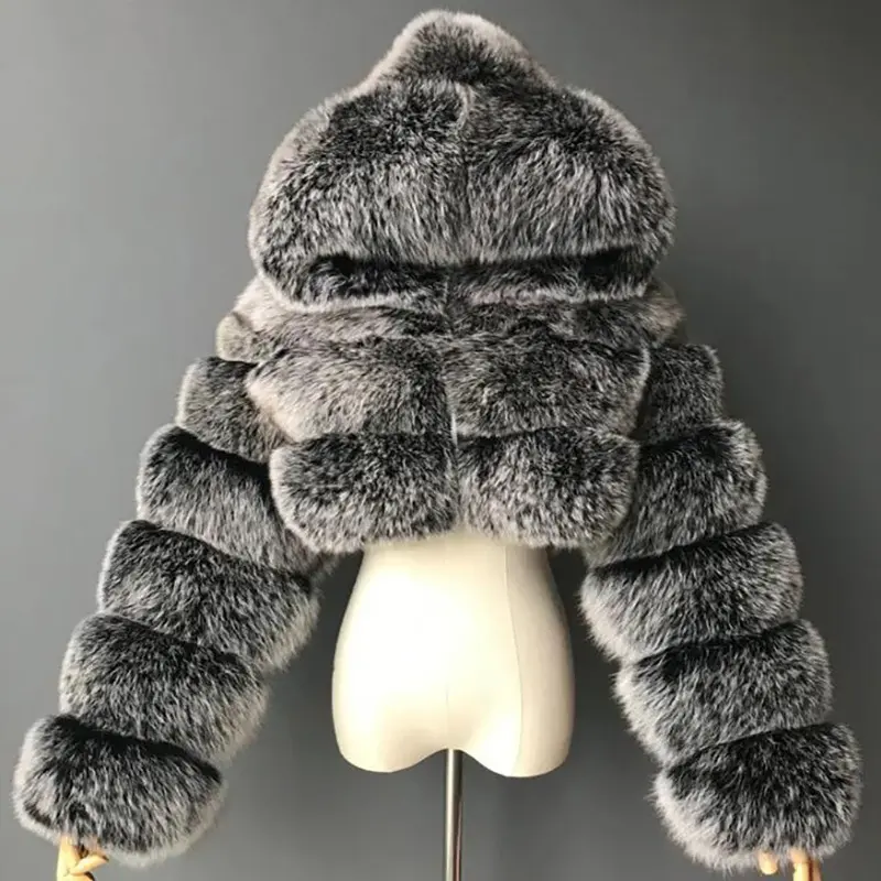 Women's Hooded Faux Fur Jacket, Cropped Short Length Winter Tops, Relaxed Outerwear with Longsleeves in Solid Colors, Junior Sizes