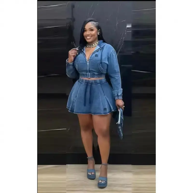Women's 2-Piece Denim Starter Set - Double B's Casual Women's Denim Jean Skirt Set, Denim Two Piece Set, Casual Women's Set