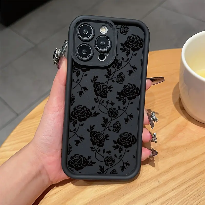 Phone Case: Black Flower Pattern New Release iPhone 17 16 15 14 13 12 11 PRO MAX PLUS 17AIR 16E 17E 13mini 12mini XSMAX X XS Samsung S26 S25 S24 S23 S22 S21 ULTRA PLUS A54 A53 A52 A36 A35 A33TPU Case TikTok Viral Full Coverage Protection, Casing, Accessor