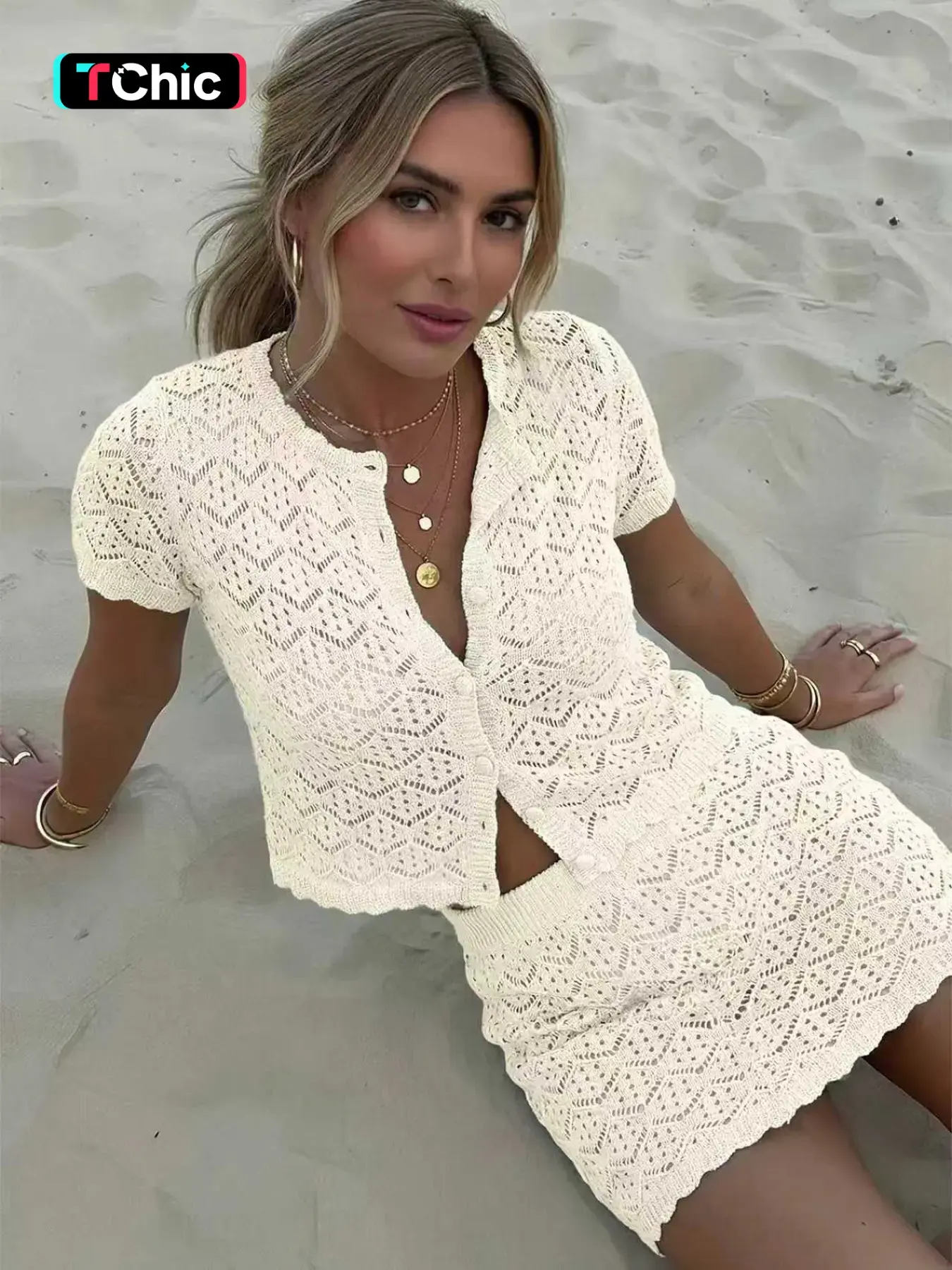Women's Summer Crochet Mesh Hollow Out Beach Short Sleeve Knit Cardigan & Shorts Set, Matching Outfit Set, Womenswear Sexy Slim Fit Clubwear Two-Piece Suit, Resort Set