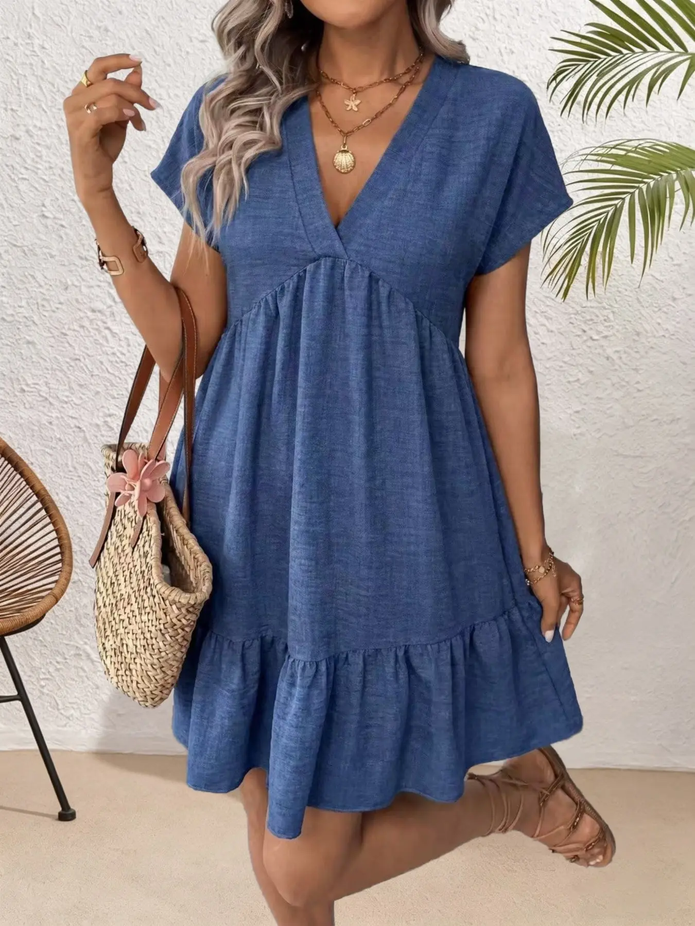Women's V-Neck Short Sleeve Dress, Loose Fit A-Line Babydoll Dress, Perfect for Daily Wear, Parties, Beach Vacation, Casual Boho Chic Summer Style
