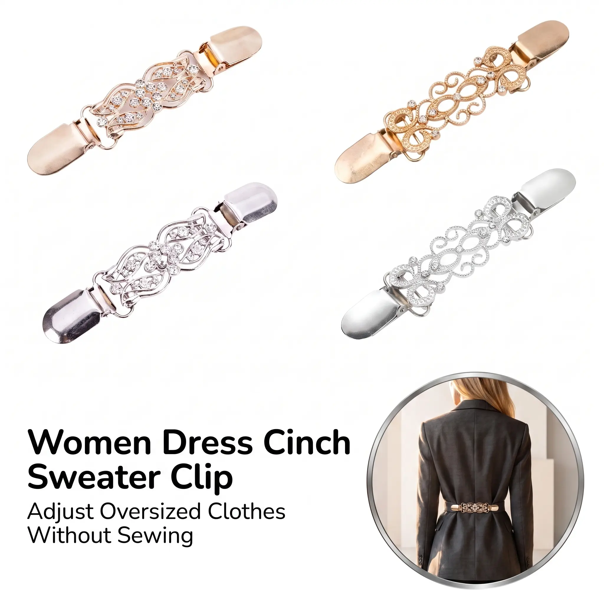 2 PCS Retro-Style Waist Cincher & Shirt Clip, Adjustable Vintage Dress Cinch Clips for Shawls, Cardigans, Sweaters, Clothes and Pants, Tightening Accessory, Styling, Fashion Accessory-YY0