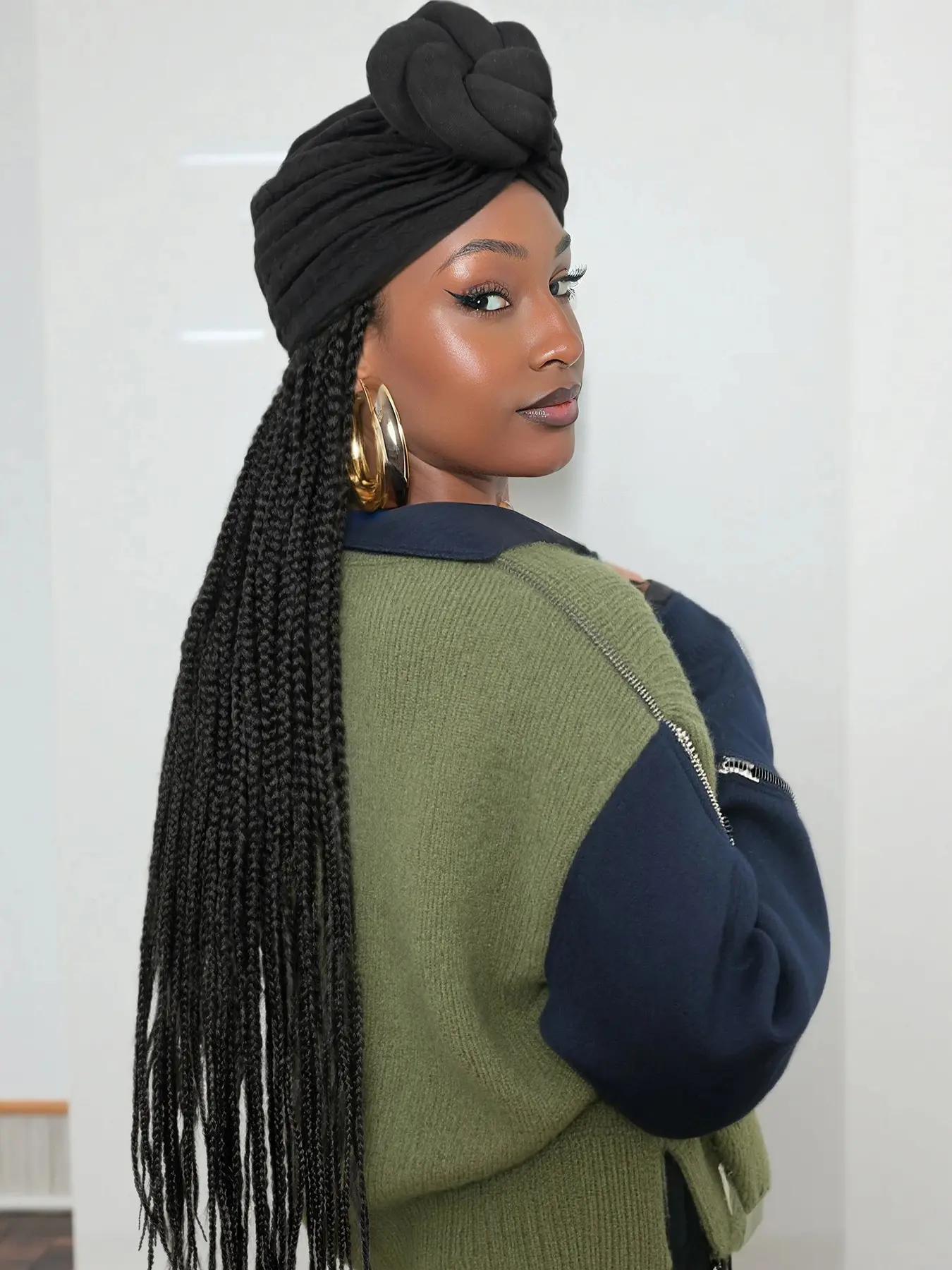 Women's 36-Inch Synthetic Braided Wig with Turban, Glueless Design for All-Season Daily Wear