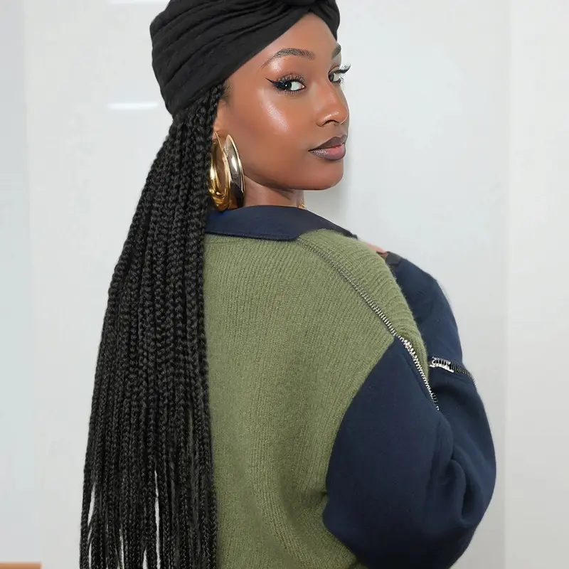 Women's 36-Inch Synthetic Fiber Wigs with Turban, Glueless Design for All-Season Daily Wear
