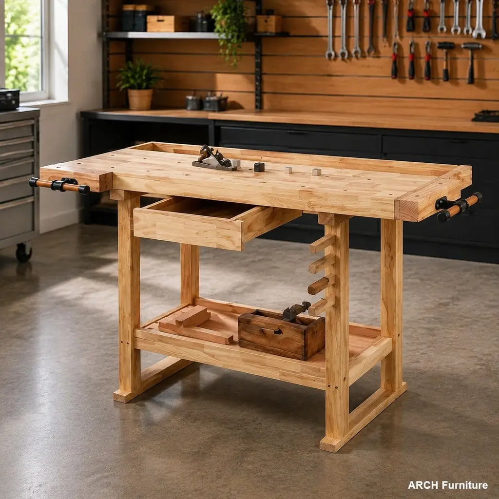 55-Inch Rubberwood Heavy Duty Workbench Table with Grooved Top and Smooth Sliding Drawer for Garage, Home Workshop, 330 lbs Capacity, Easy Assembly