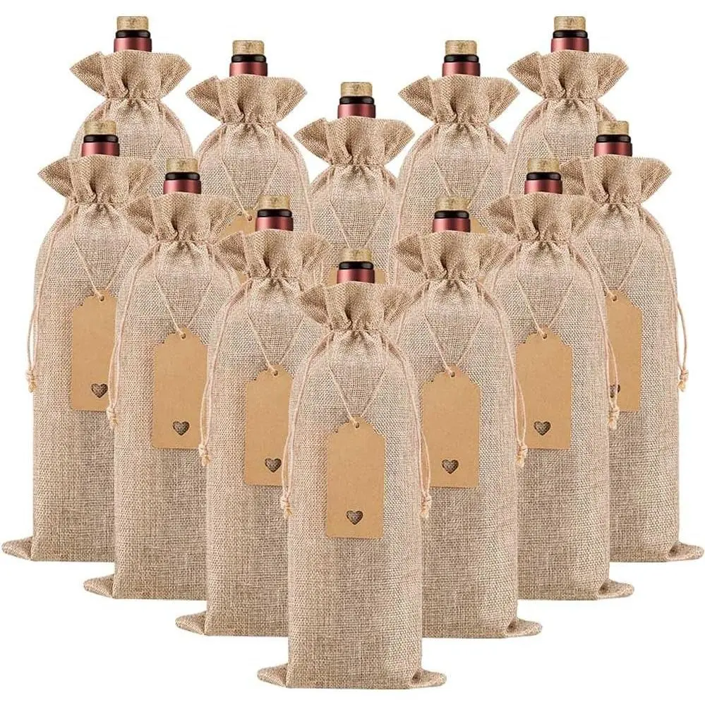 12Pcs Premium Burlap Wine Bags and 12Pcs Gift Tags, Reusable Wine Gift Bags with Drawstrings, Wine Bottle Bags, Wine Bags for Wedding, Birthday, Blind Tastings, Christmas, Travel, Party, Home Storage