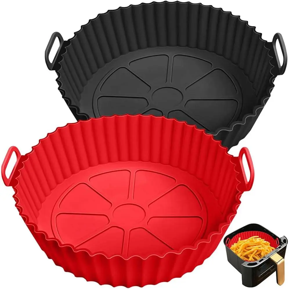 Silicone Air Fryer Liner 2 Pack, 9 inch Non-Stick Reusable Air Fryer Liners for 5 to 6 7 8 QT Square and Round Basket, Airfryer Silicone Pot Baking Tray Oven Microwave Accessories, Red+Black