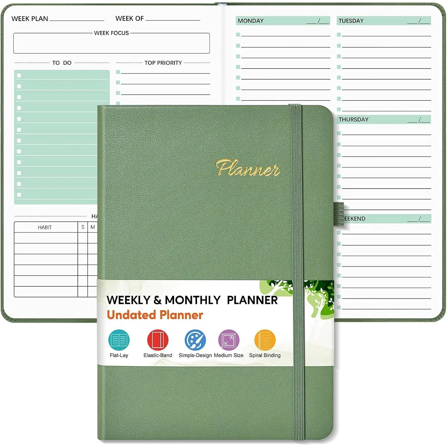 Undated Weekly and Monthly Planner, Hardcover Leather Calendar Blank Planner, Simplified  Notebook with Goal & Habit  Organizer, A5 Daily Weekly Planner for Work School , Green