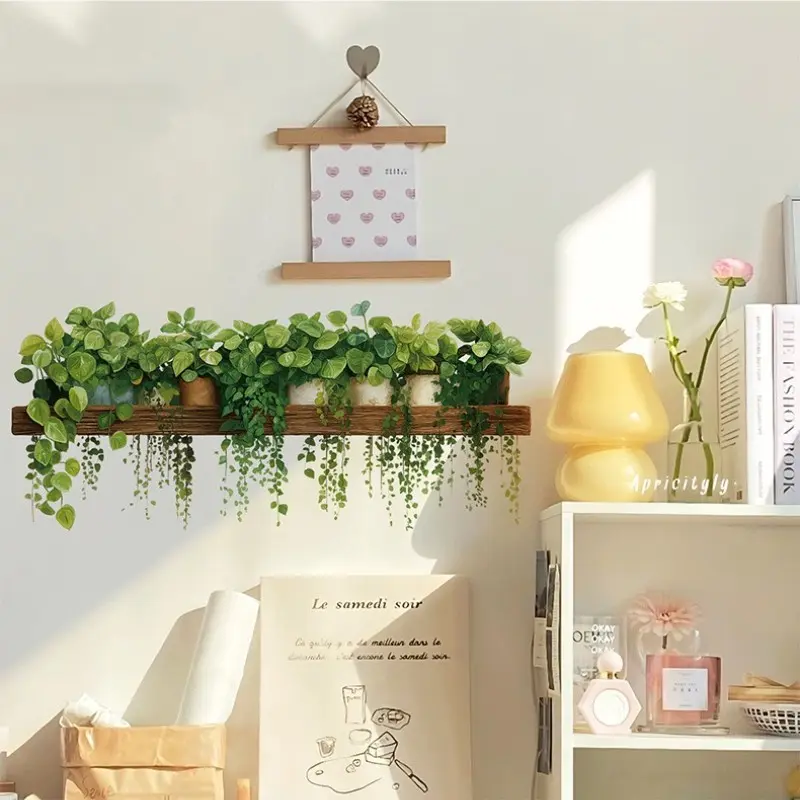 Plant Pothos Hanging Blue Wall Stickers, 3 Pieces, 23.62x11.81 Inches, Bedroom Living Room Decorative Wallpaper