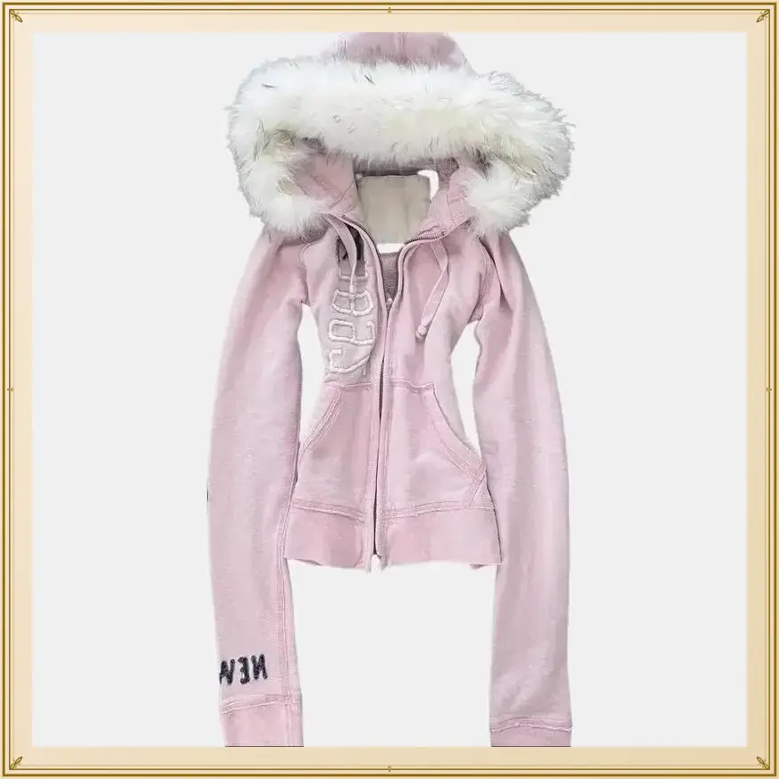 Vintage American Pink Faux Fur Hooded Sweatshirt Cinch Waist YK Cropped Sweater Alternative Outerwear Long Sleeve Casual Minimalist Winter Pullover Tops Womenswear Basic - Check