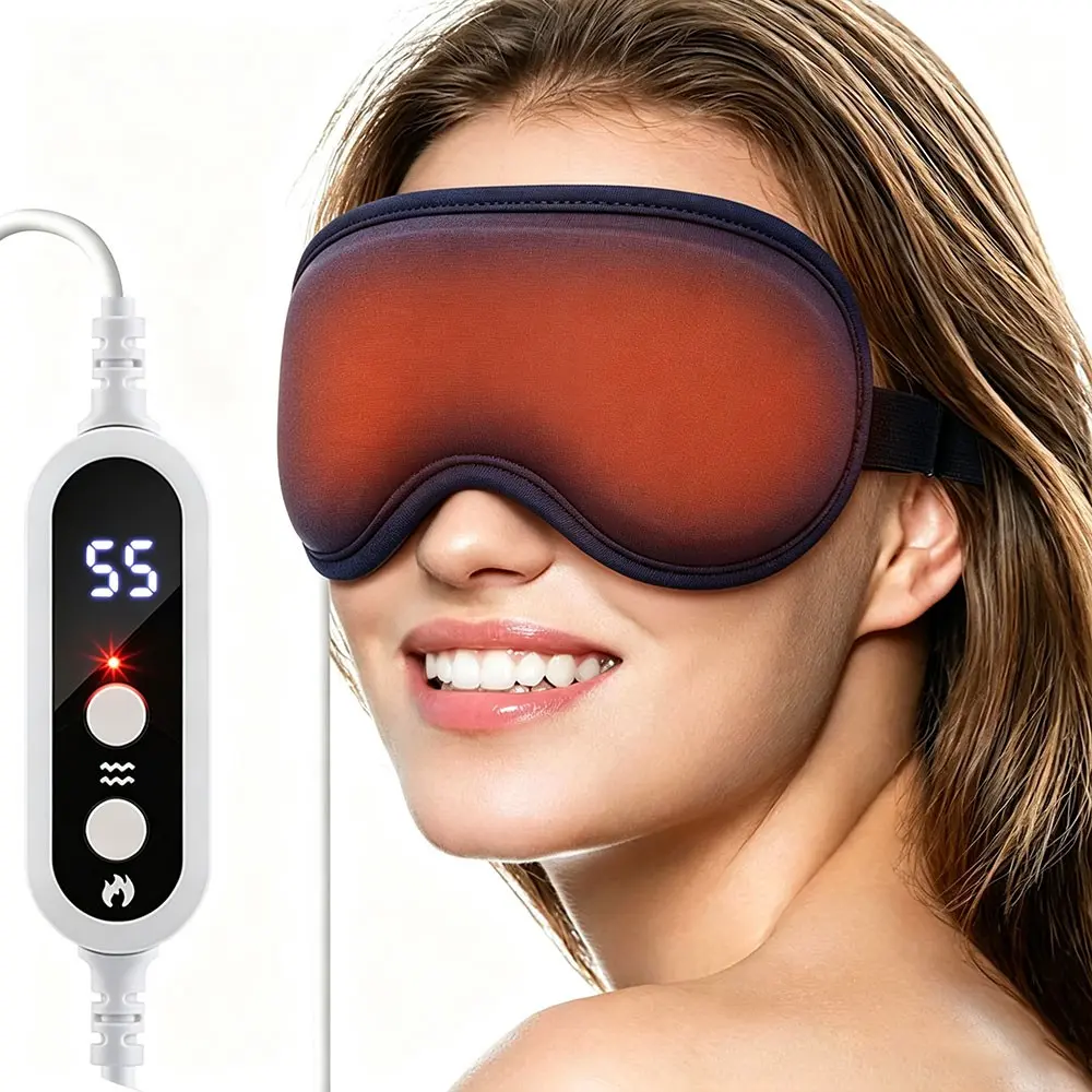 USB Electric Warm Compress Eye Mask 3D Contoured Light Blocking Sleep Mask, 5 Heat Levels & 6 Vibration Modes Soft Sponge Eye Massager for Office Travel