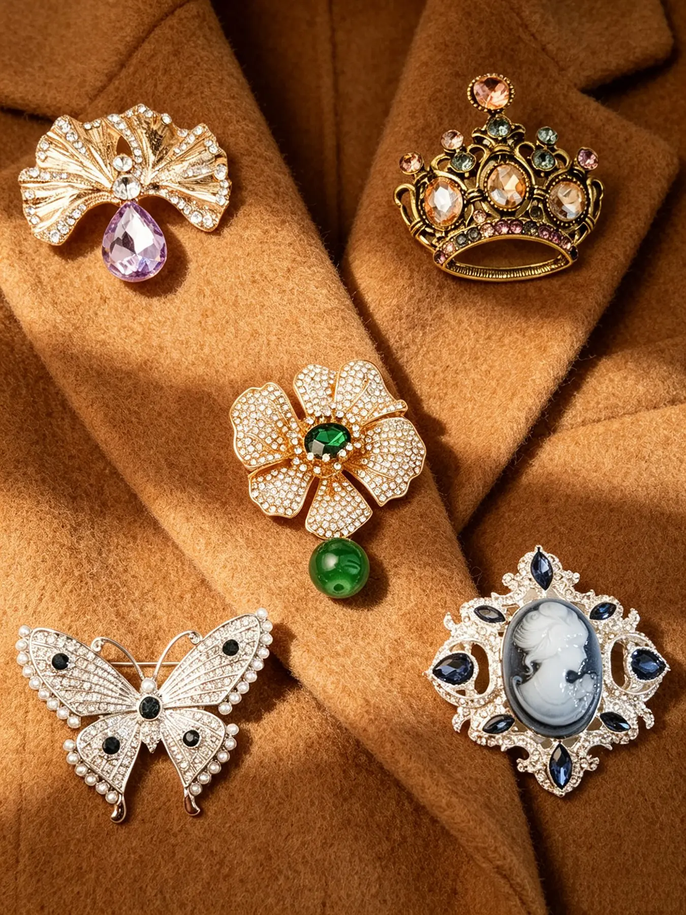 5pcs Vintage Crystal Cameo Brooch Set, Retro Royal & Baroque Style, Assorted Ginkgo Crown Flower Butterfly Cameo Shaped Lapel Pins with Multicolor Gemstones & Rhinestones, Statement Decorative Brooches for Women, Ideal for Weddings, Bridal Events, Busines