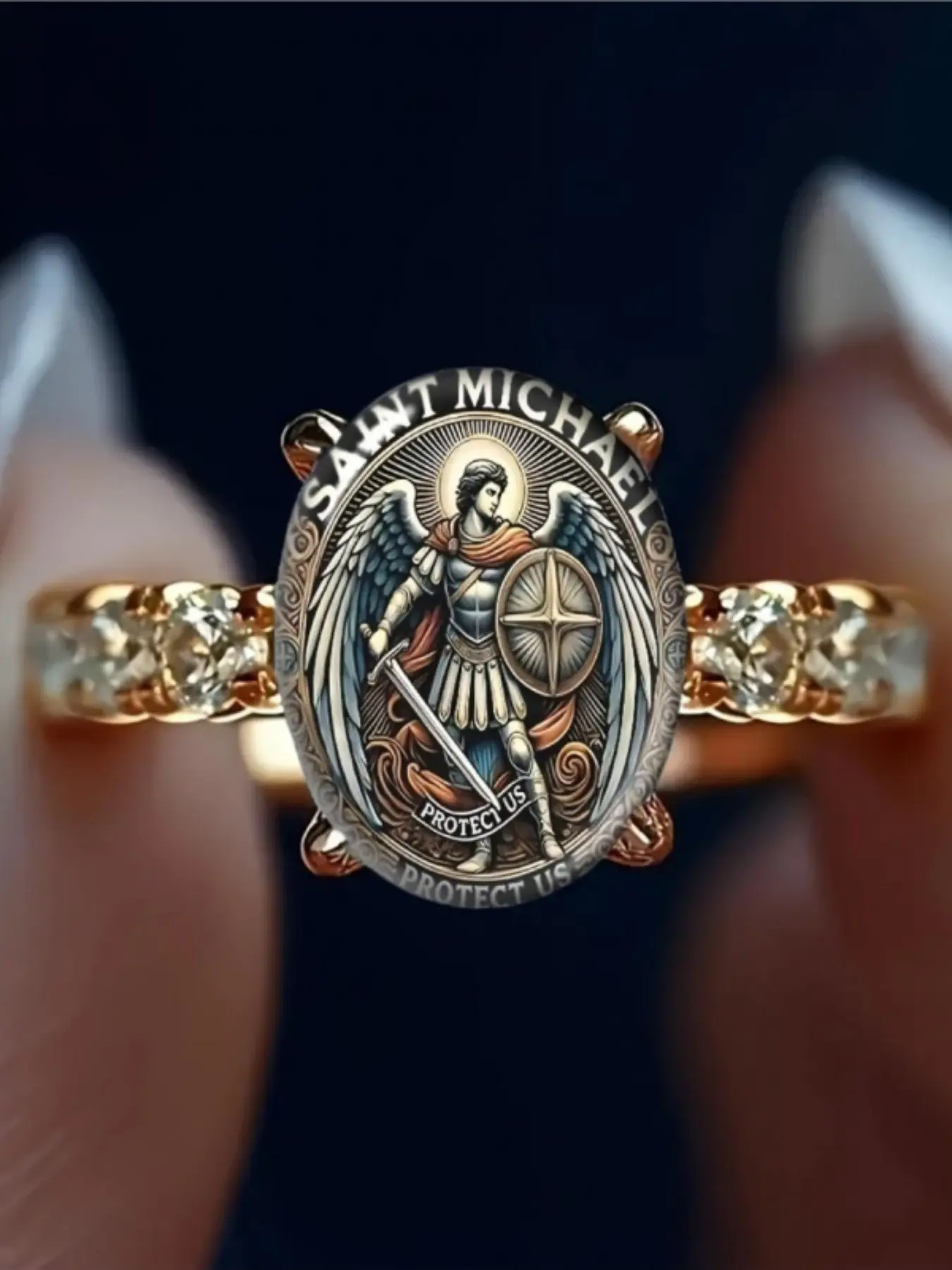 Retro Oval Angel Figure Art Print Statement Ring, Women's Side-Set Jewelry, Symbolizing Protection, Light Luxury Style