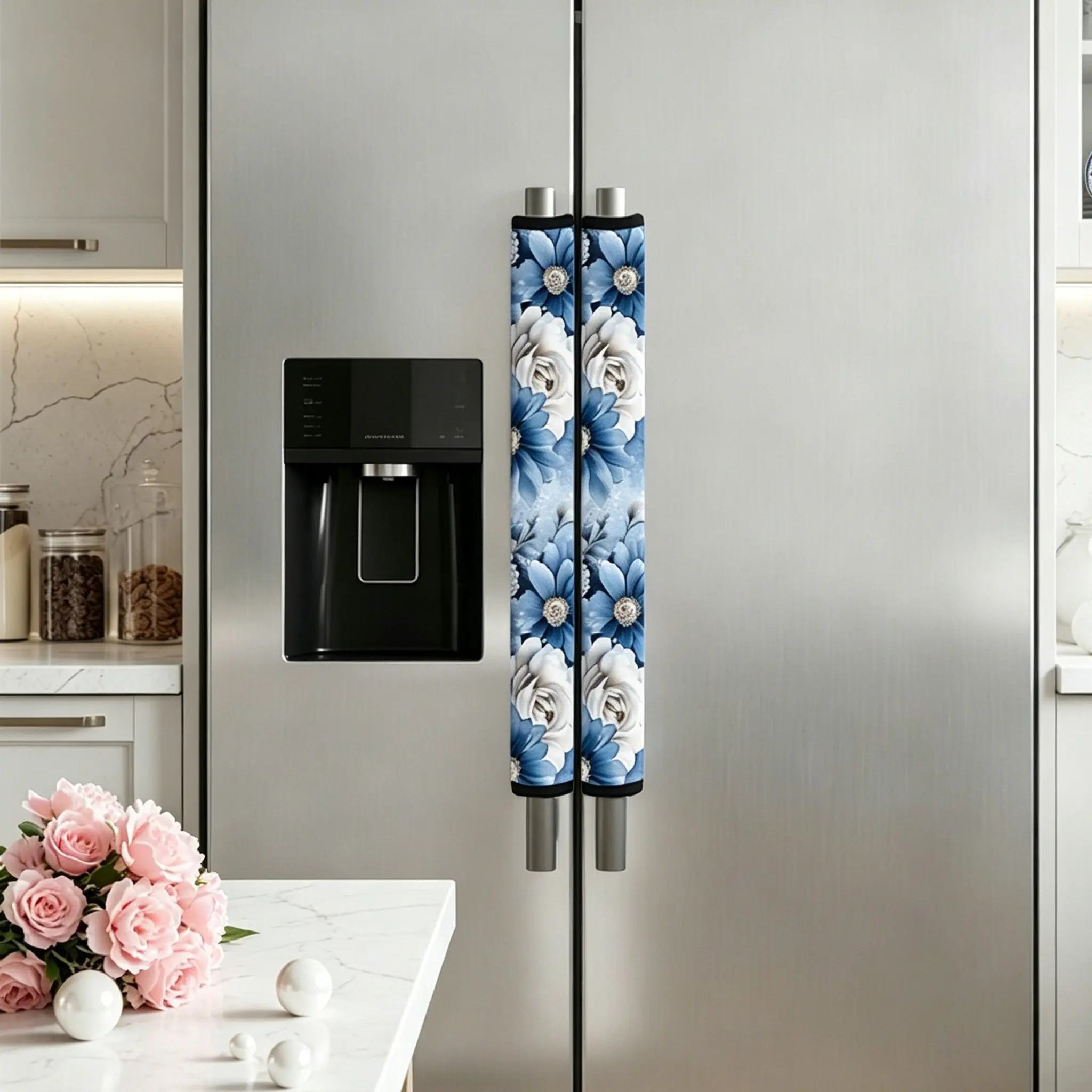 2pcs Blue Floral Microwave and Refrigerator Handle Covers, Suitable for Fridge, Microwave, Oven, Dishwasher, Protector Cover, Dustproof Cover