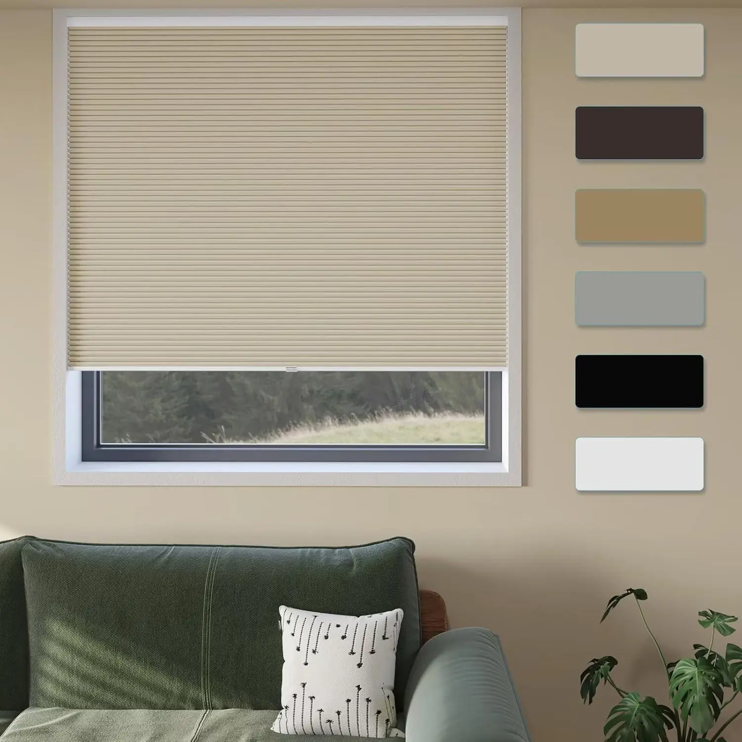 Cordless Cellular Window Shades No Tools No Drill Blackout Blinds for Indoor Windows Size 34" Wide X 72" Height Beige Room Darkening Window Blinds for Bedroom Bathroom Kitchen Living Room